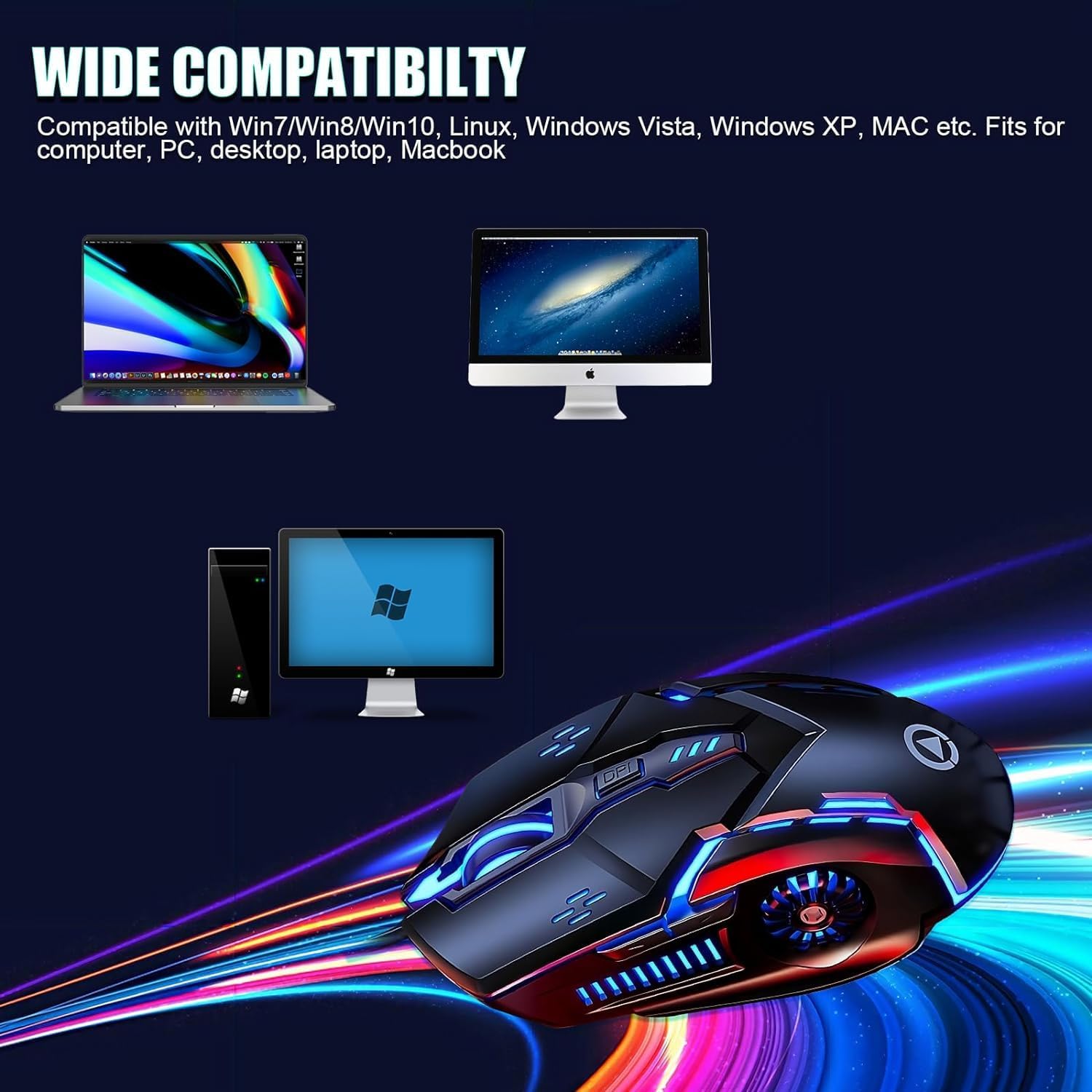CHONCHOW Silent Click Mouse przewodowa mysz do gier, 6 przycisków, 4 DPI do 3200 DPI, światła RGB, kompatybilność z komputerem PC/laptopem/Mac, przewodowa mysz używana do gier i biura (czarna (ciche