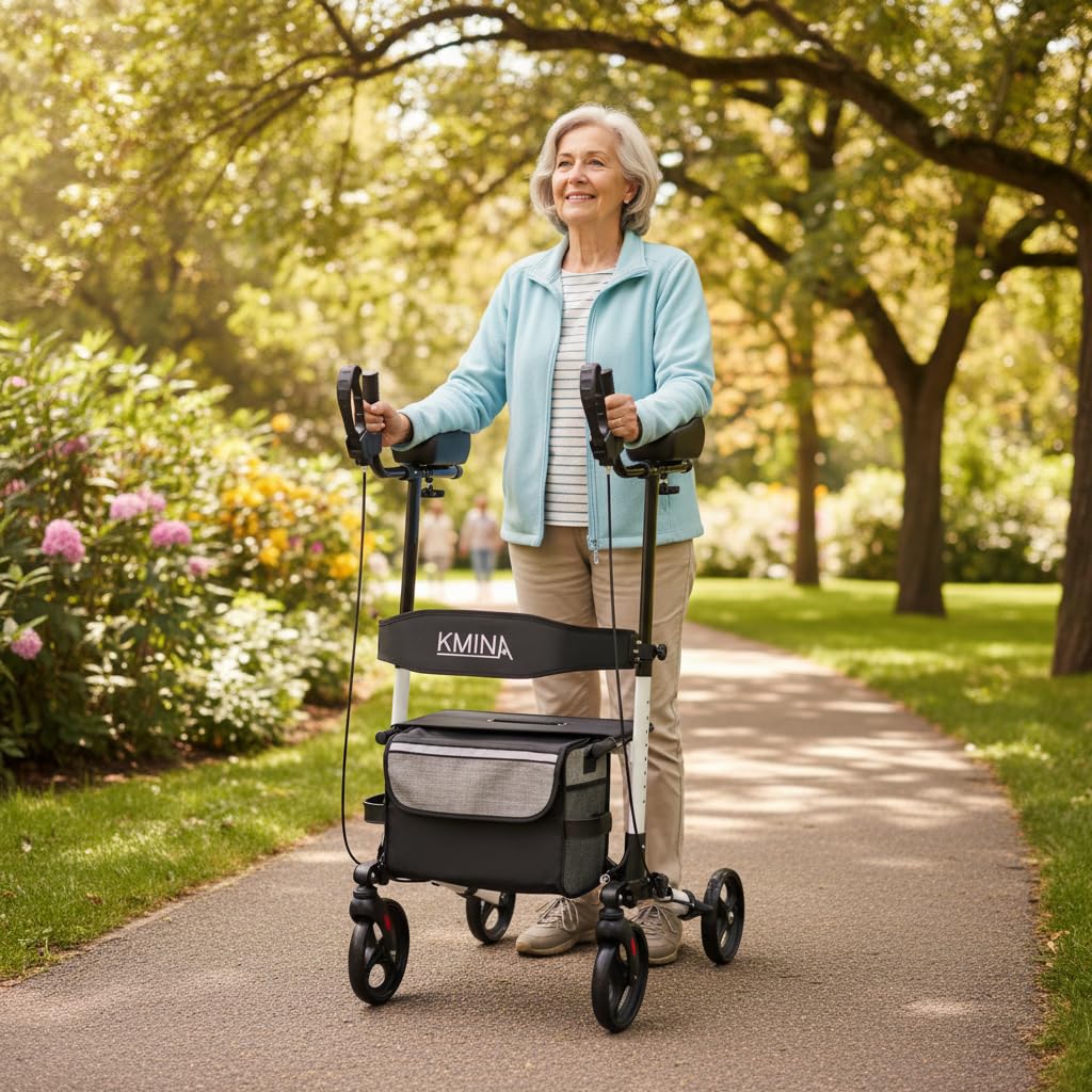 KMINA Andador para Ancianos Plegable con Asiento y Respaldo, Apoyabrazos Acolchados, 4 Ruedas, Frenos de Maneta, Aluminio