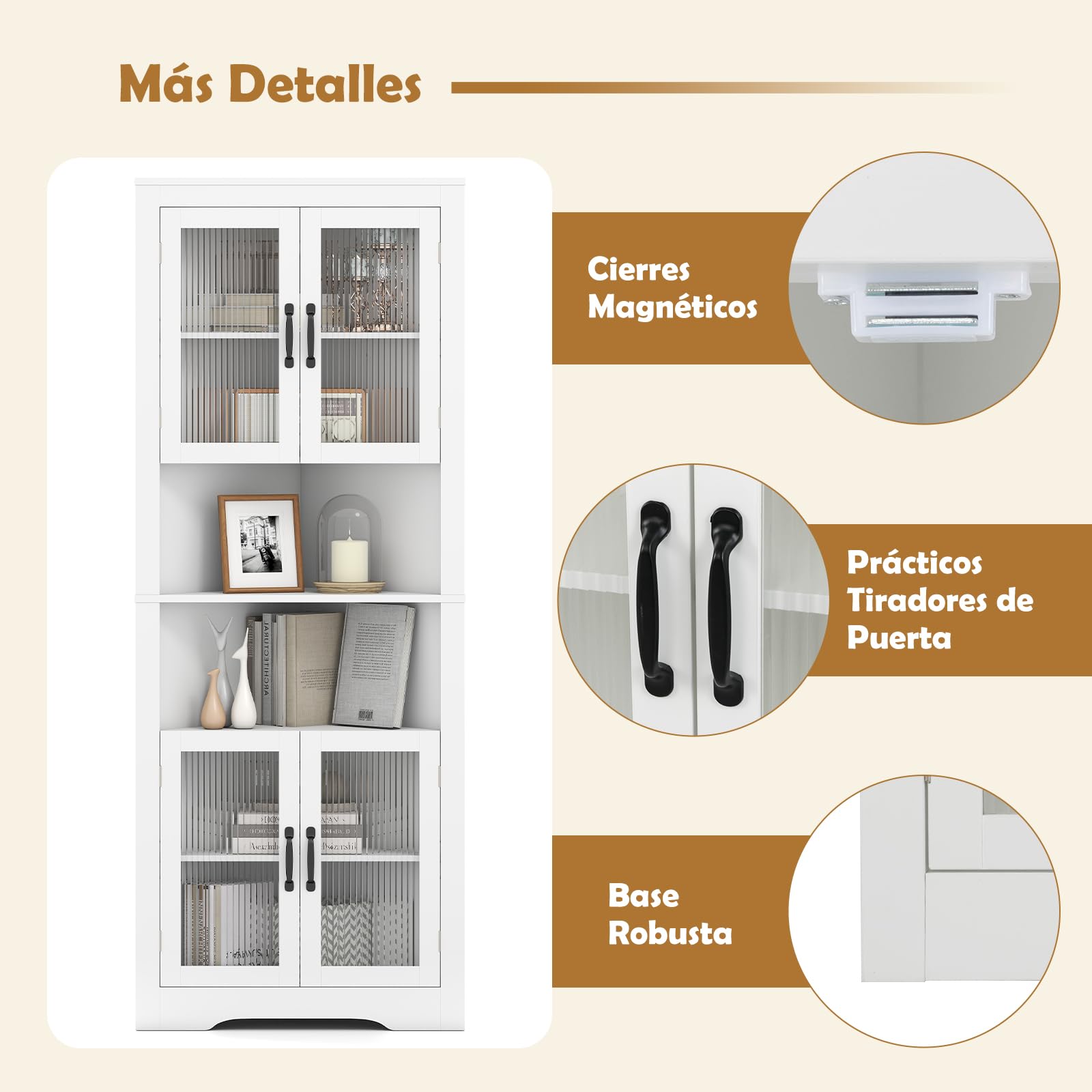 GOPLUS Armario de Esquina de 6 Niveles, Gabinete Alto Esquinero con 4 Puertas de Vidrio Templado, 2 Estantes Ajustables en 3 Niveles, Mueble de Baño de Suelo para Salón Cocina, Blanco