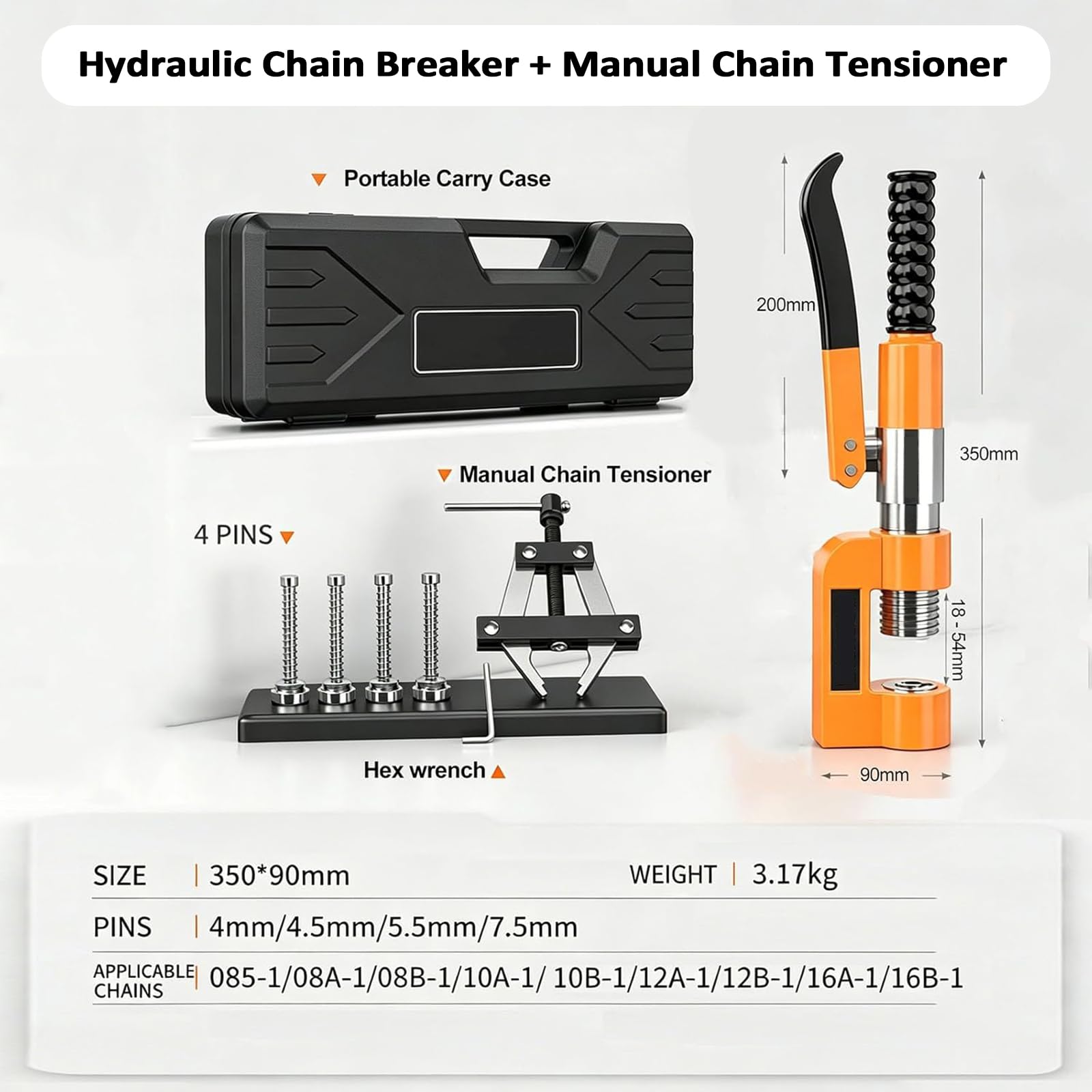 Démonte-chaîne Hydraulique Haute Performance, Kit D'outils pour Le Démontage De Chaînes De Moto, avec 4 Goupilles D'éjection, pour 085-1/08A-1/08B-1/10A-1/10B-1/12A-1/12B-1/16A-1/16B-1