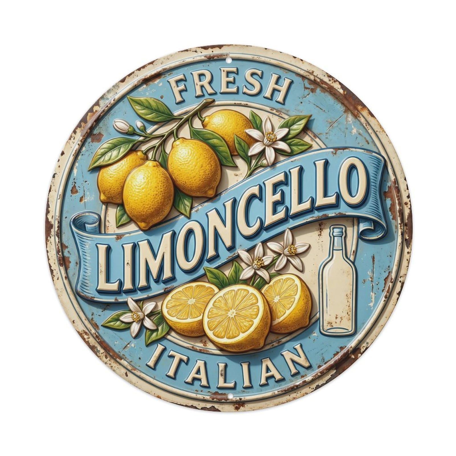 Fresh Italian Limoncello Badge 1 Metal Tin Sign Plaque Wall Decor for Cafe, Club Bar, Office, Home Garden Round Metal Poster 8x8Inch