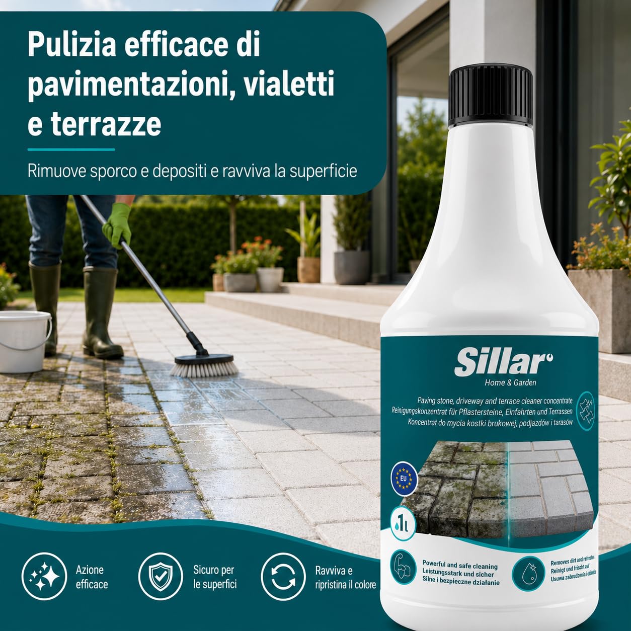Sillar Detergente Pietra Concentrato 4 x 1 l per Pavimenti Esterni, Autobloccanti e Terrazze, contro Olio, Muschio, Patina Verde, Sporco Ostinato, per Idropulitrice, Spruzzatore, Spazzola