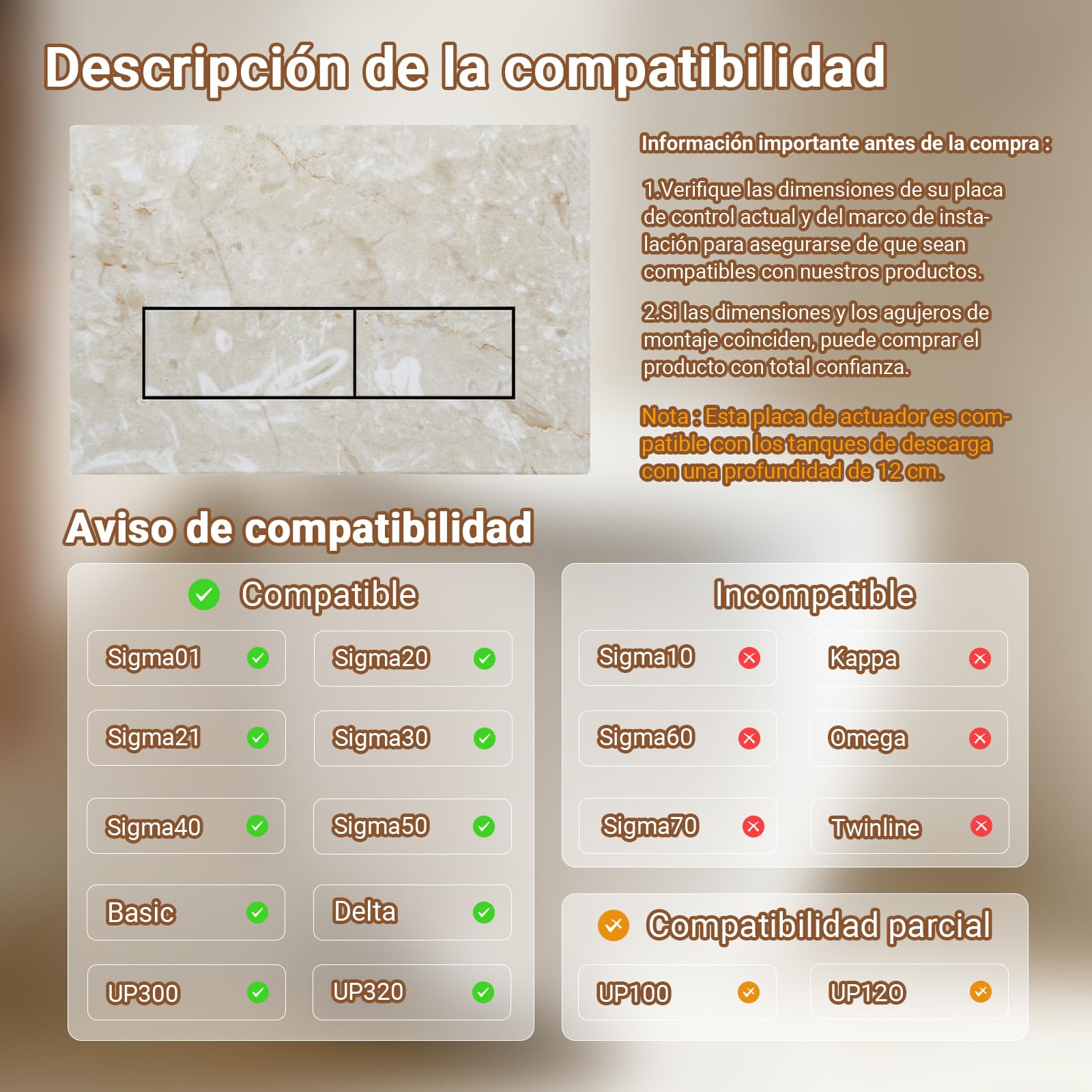 Placa de Descarga WC Compatible con Geberit Duofix Sigma, Delta y Basic, Kit de Recambio con Varillas de Accionamiento y Marco de Montaje para UP300 & UP320, 245 x 164 mm(Beige-Y4)