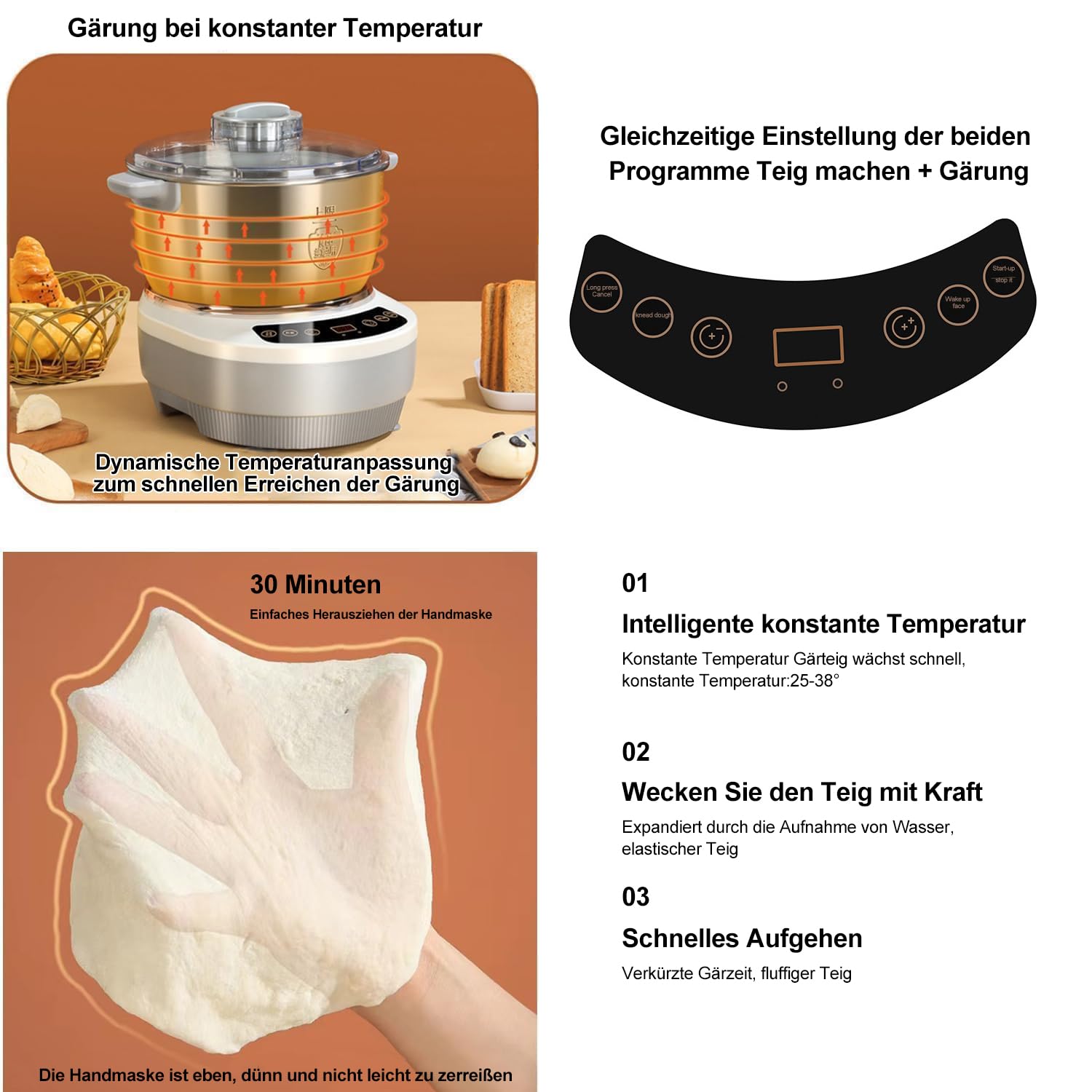 Machine à pétrir en acier inoxydable 5 L avec fonction de fermentation, mélangeur électrique de pétrissage avec minuterie, panneau tactile pour la cuisson à la maison