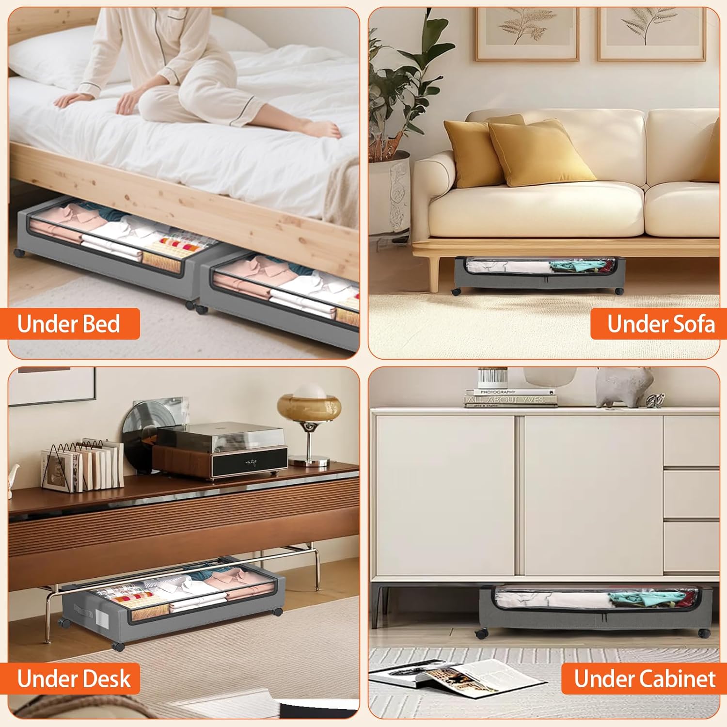 Under Bed Storage Containers with Wheels - Foldable Organizer Bins for Blankets, Clothes, Shoes, Toys, and Comforters.Capacity, Space Saving, Easy Pull Out, Clear PVC (Gray-2)