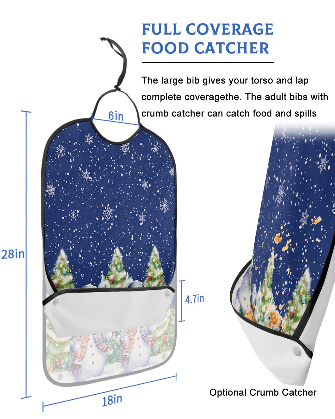 LEOKOTI Navy Blue Christmas Snowman Adult Bibs for Eating, Waterproof Bibs with Food Catcher & Adjustable Snap Closure, Xmas Winter Snowflake Tree Washable Clothing Protectors Adult Bibs for Elderly
