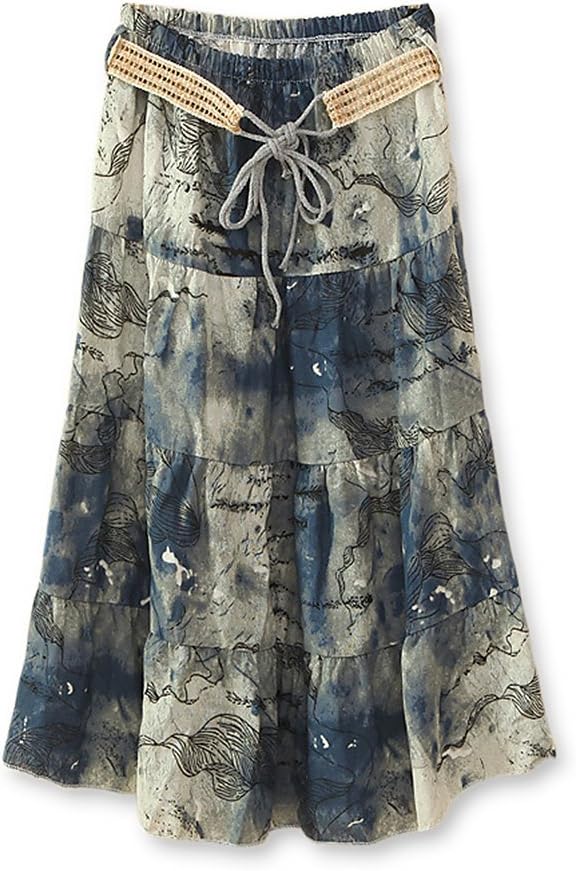 J.Cotton Women's Bohemian Style Color-printed Flax Belted Skirt Size M Multi-Color 5