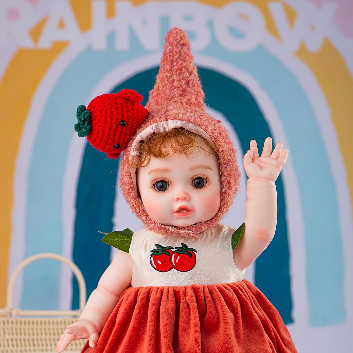 Reborn Baby Doll, Lifelike Realistic Baby Doll with Red Tomatoes Hat and Cute Outfit, 18inch Soft Vinyl Doll for 3+Years Old and Collectors