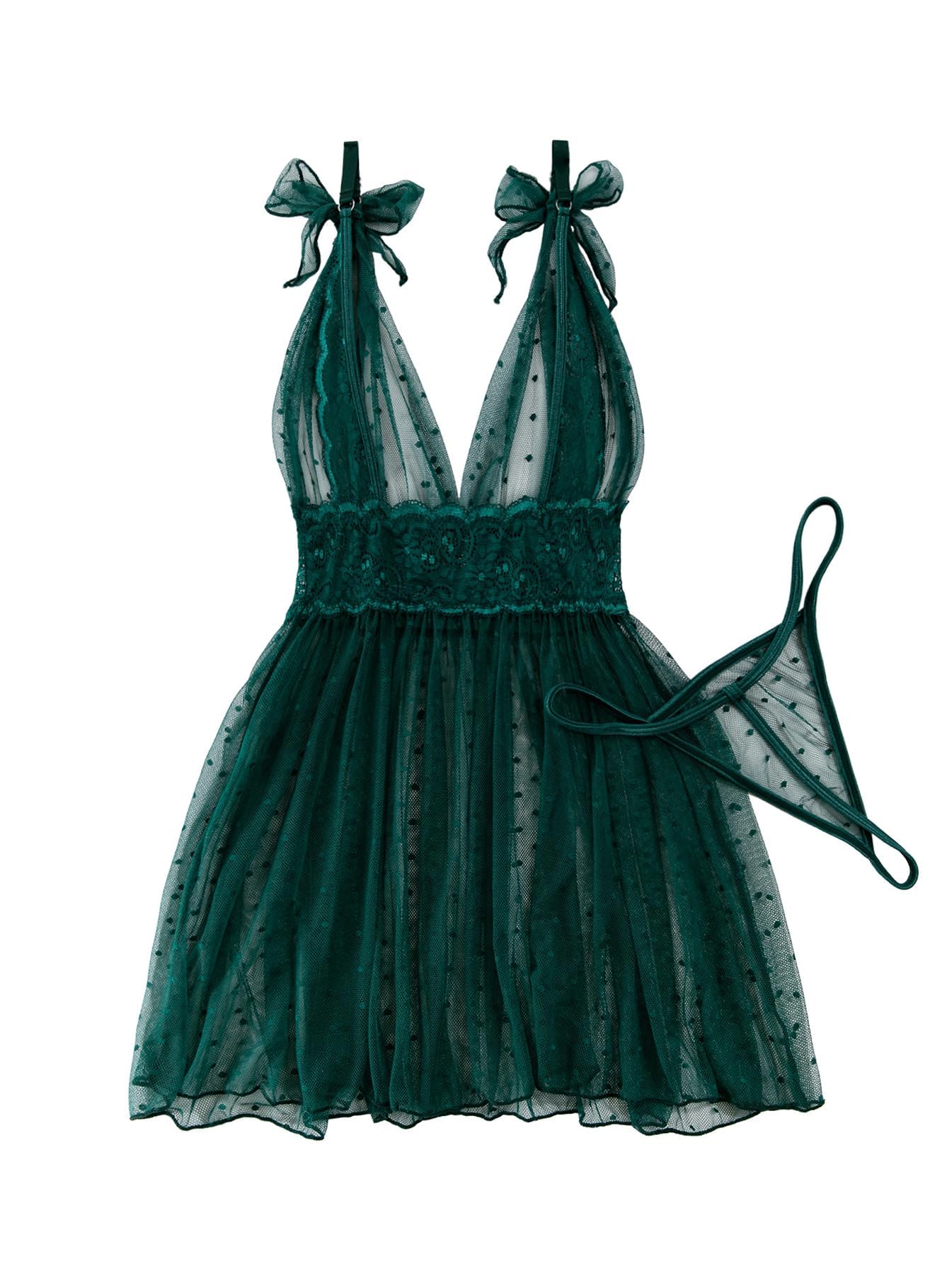 Lilosy Sexy Polka Dots Mesh Sheer Lace Babydoll Chemise Lingerie Set Floral Sleep Wear: X-Large Army Green