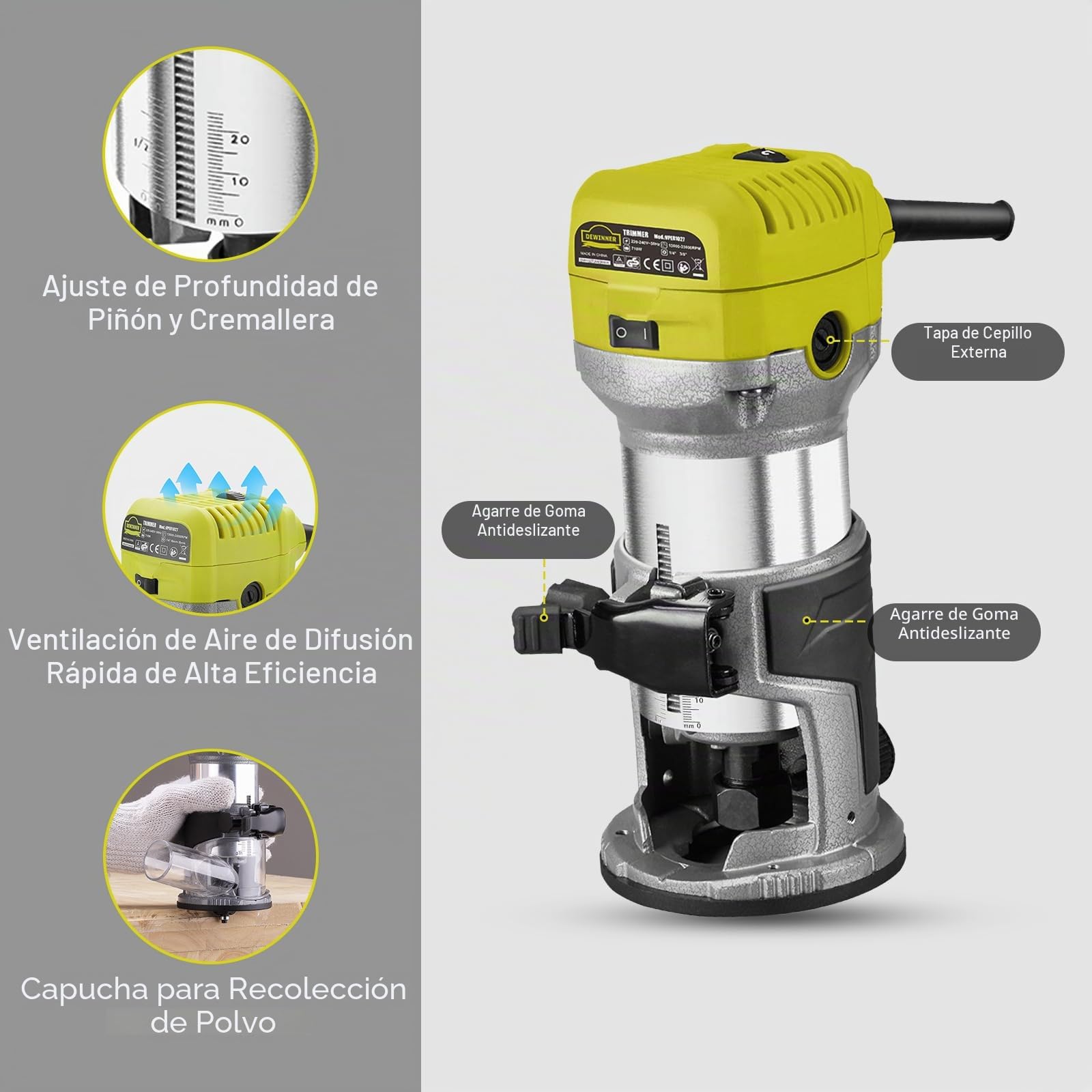 Dewinner Fresadora de Madera Rebajadora Eléctrica 710W 13000-33000RPM, Grabado Fresa Para Biselar,3 Alicates de 1/4'' , 6 mm y 8 mm, 6 Velocidades Variables, Profesión de Laminadora Fresa con Rodam