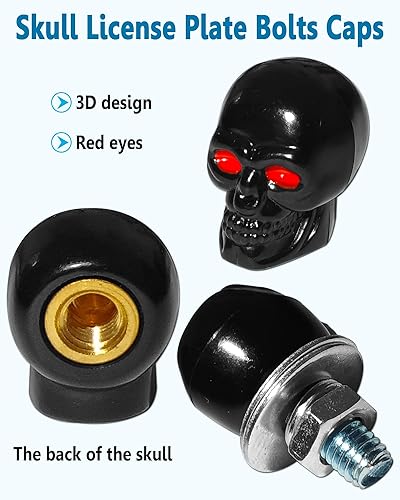 Miniatura 3 de Marco de matrícula de motocicleta con tornillos y tuercas de calavera, tornillos y tuercas, soporte de placa de acero inoxidable negro para