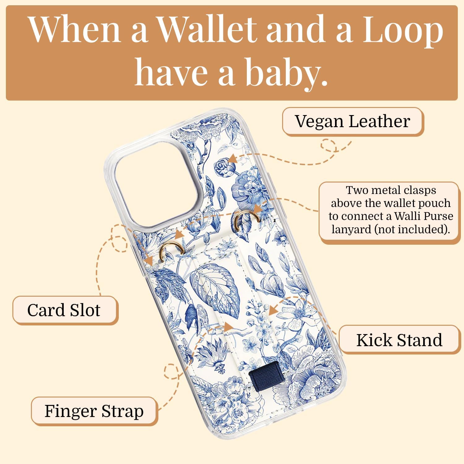 Walli Cases for iPhone 14 Plus Case Wallet, Bandolier Crossbody Phone Case Purse Card Holder, Holds up to 2 Cards - Cute, Trendy Phone Cover fits iPhone 14 Plus, with Kickstand & Finger Strap