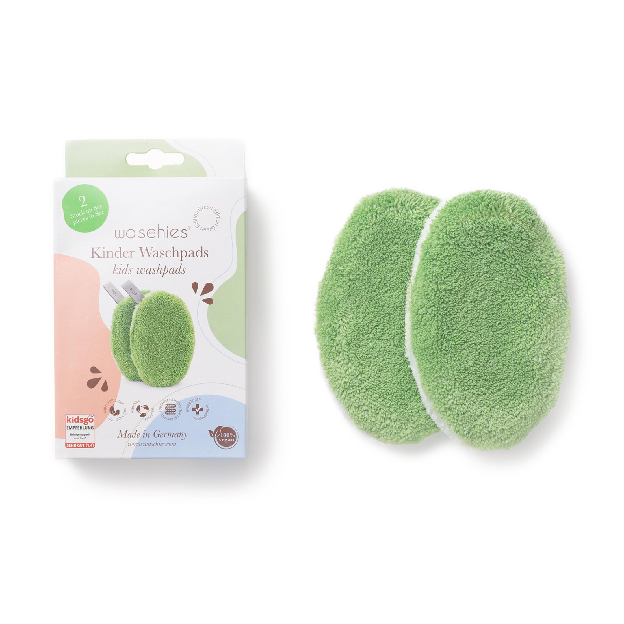 Waschies Babys & Kinder Waschpads – 2er-Set Grün1 – hergestellt in Deutschland - Eignung bei Windeldermatitis & Neurodermitis - hypoallergene Alternative zu Einweg-Feuchttüchern und Waschlappen
