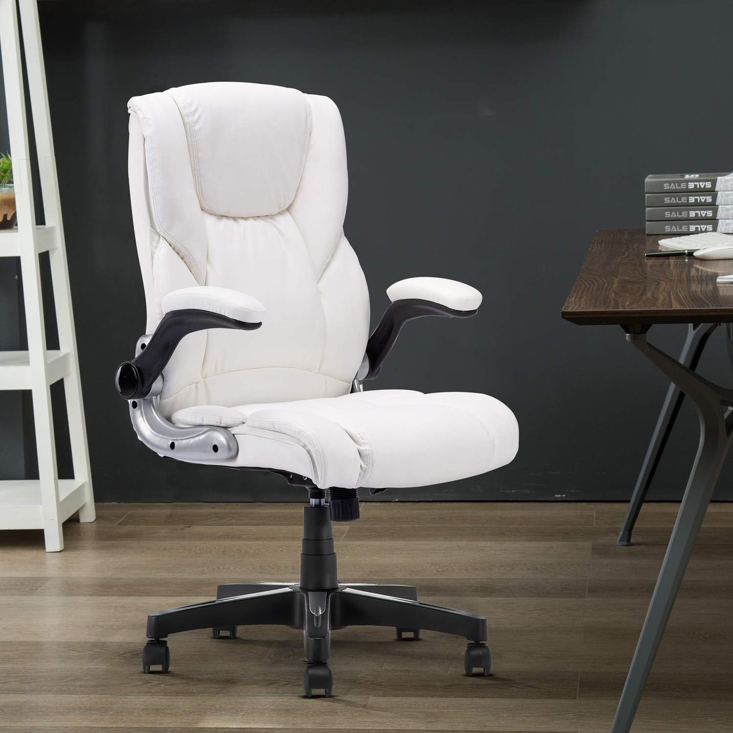 B2C2B High Back Ergonomic Home Office Chair White Leather Computer Executive Desk Chair Modern Racing Chair Adjustable with Flip-up Arms Lumbar Support 280lbs