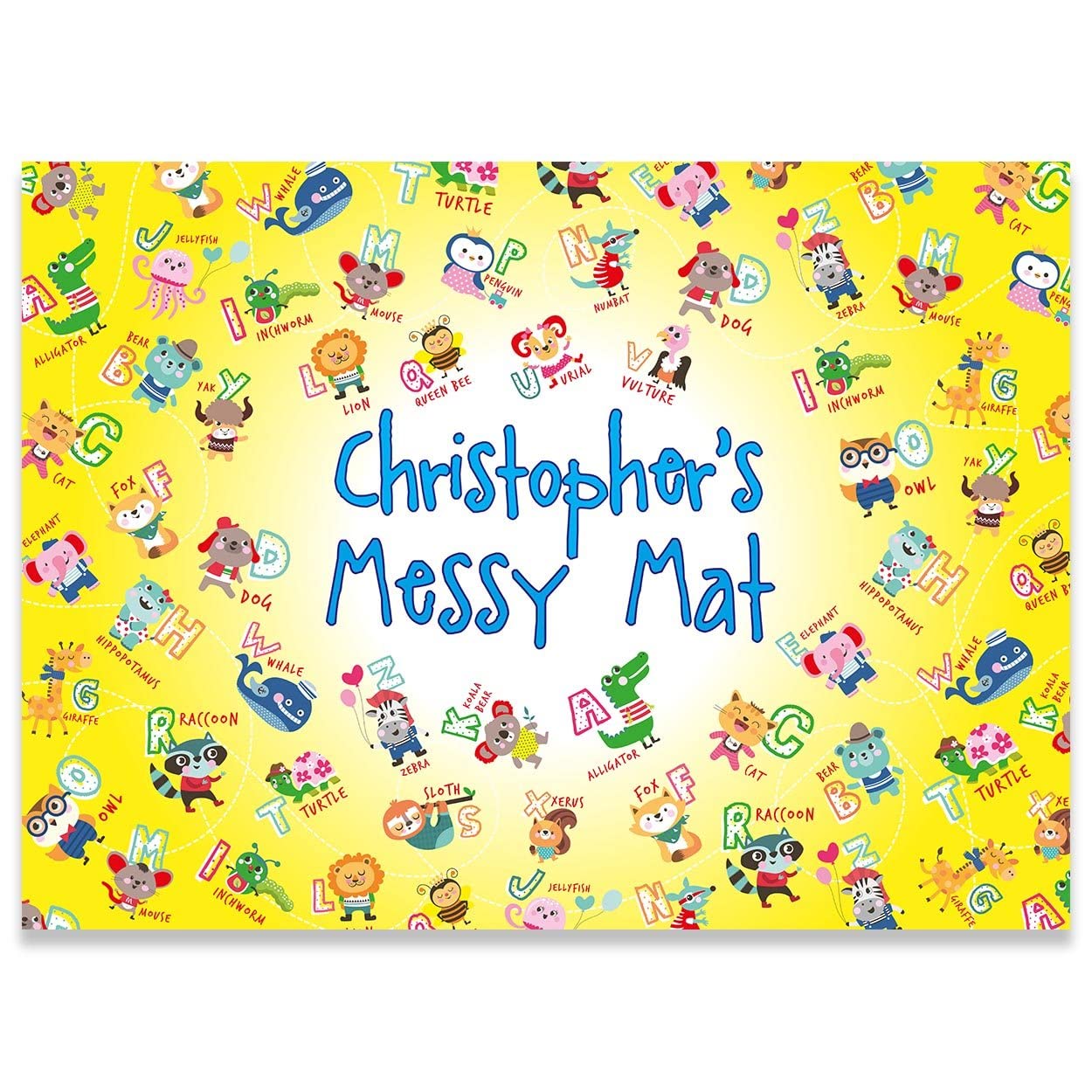 Paper Themes Personalised Messy Mat Plastic Table Cloth Wipe Clean Protect your table and floor from spills and accidents ((L) 110 x 75 cm, Animal Alphabet)
