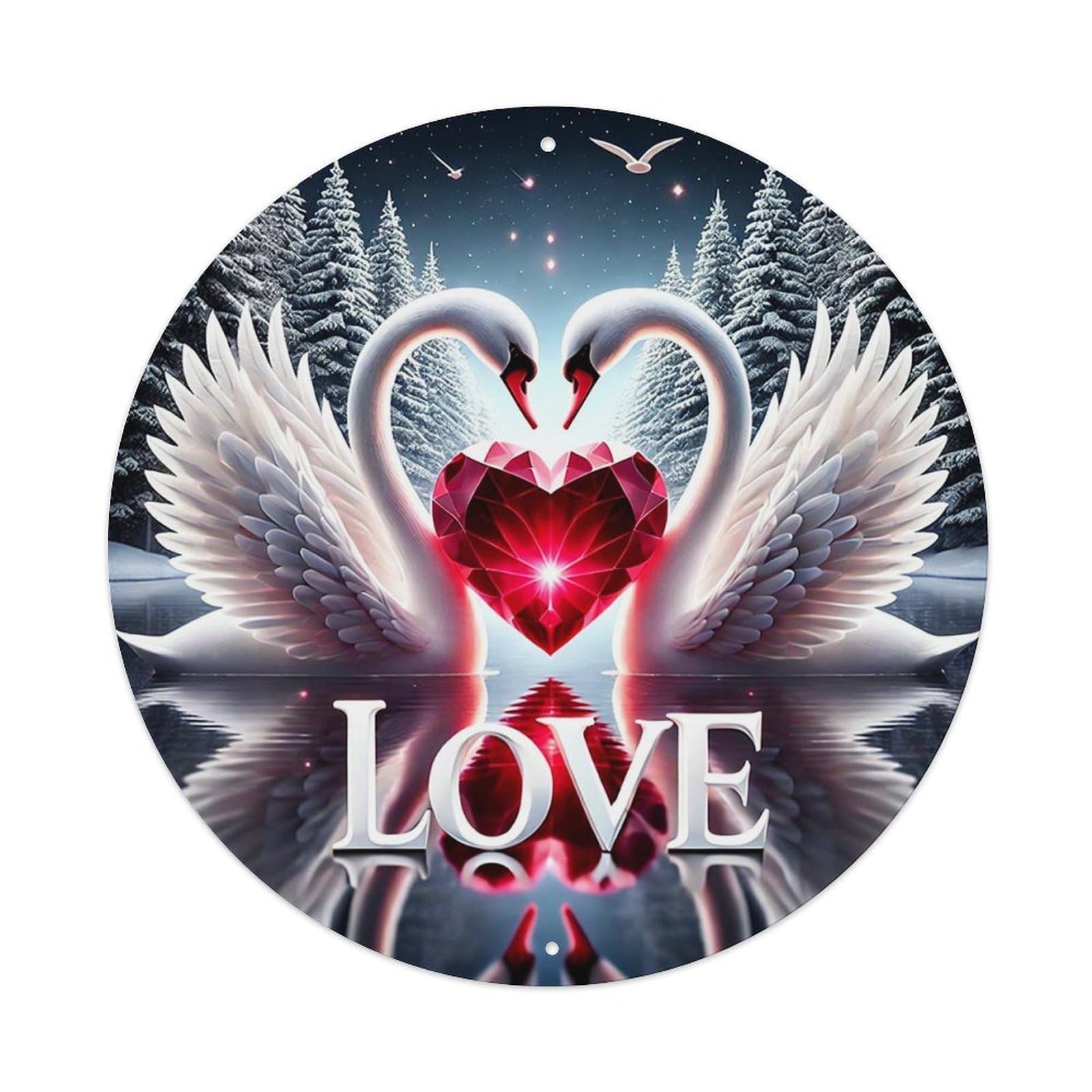 Swans Heart Forest Love Reflection Retro Metal Sign Round Tin Sign, Vintage Decor Art Poster for Bar, Home, Man Cave, Kitchen, Laundry Room Gift 8x8Inch