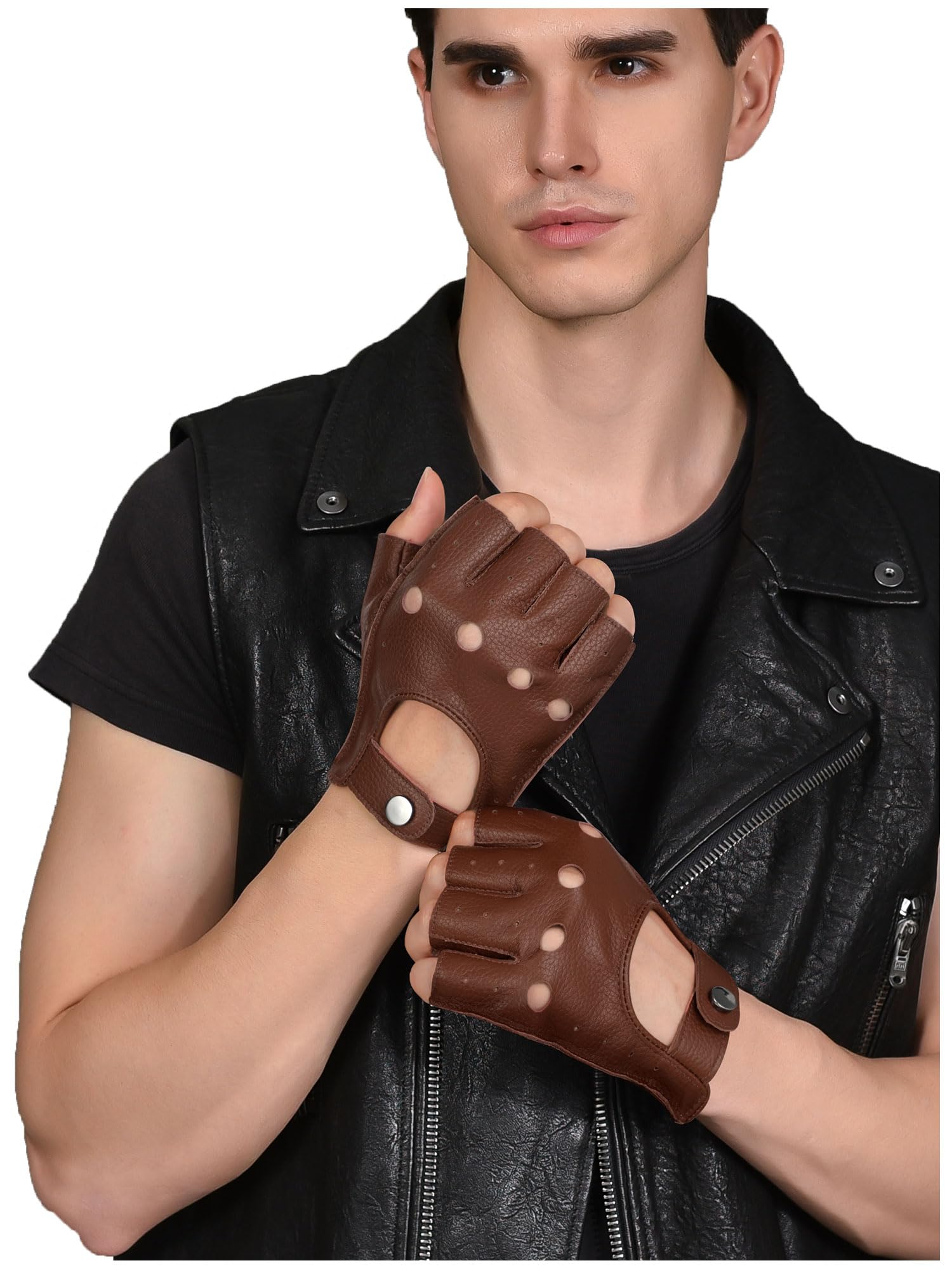 GSG SINCE 1998 Guanti Pelle Uomo Mezze Dita – Guanti da Guida Fingerless, Senza Fodera in Pelle Marrone L