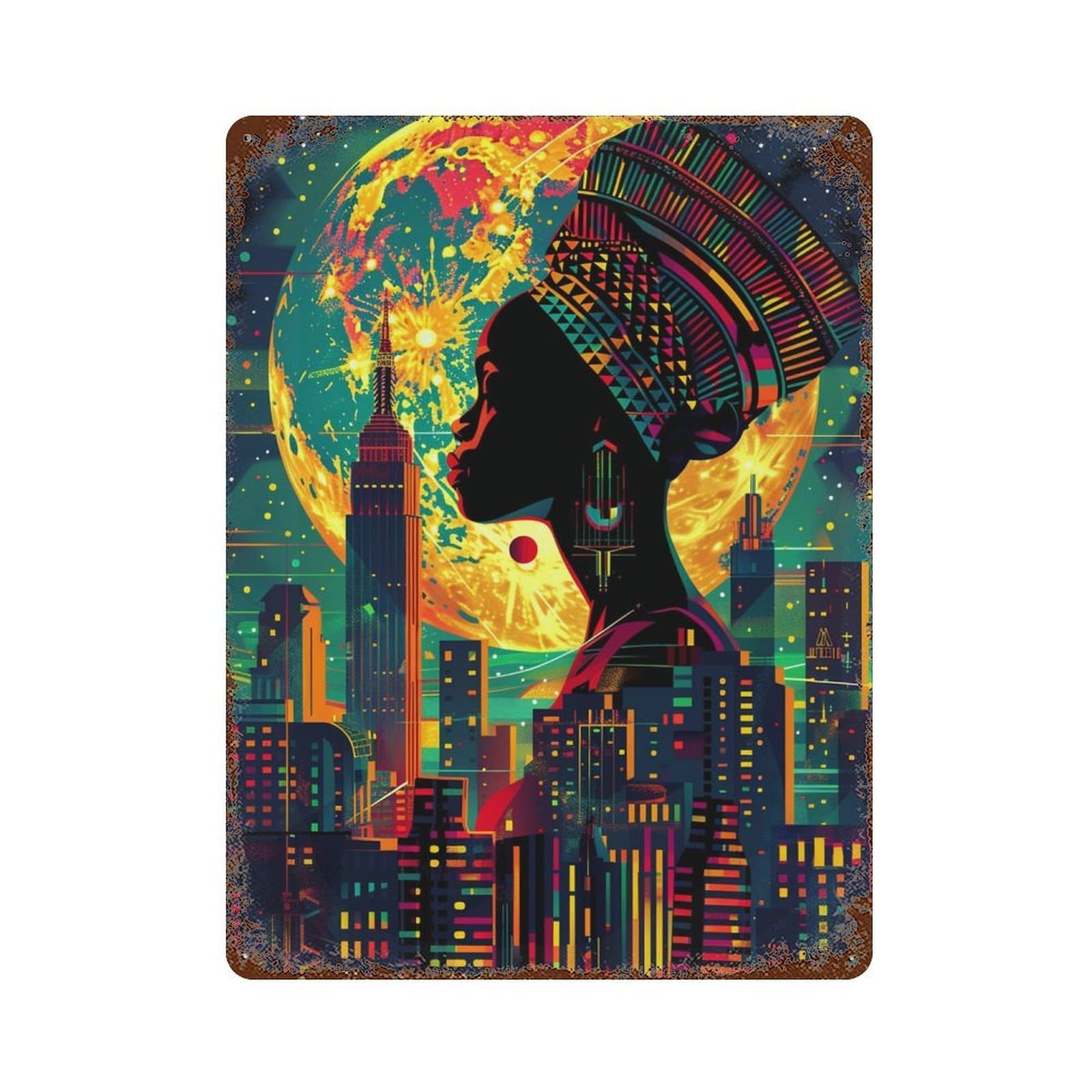 Urban Fantasy Cityscape Aged Metal Wall Plaque 15.7"x11.8", Ideal for Patio, Garden Room And Bar Decor