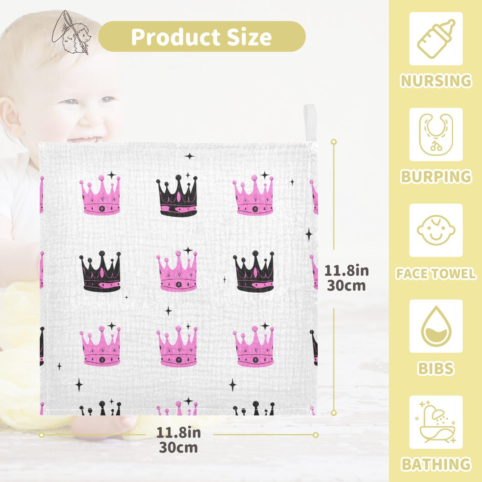 Kigai Cartoon Crown Baby Washcloths,5pcs Ultra Soft Absorbent Towel,Newborn Bath Face Towel, Natural Reusable Baby Wipes for Sensitive Skin, Baby Registry as Shower