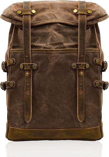 CRUITBILI Mochila impermeable de viaje de lona encerada de cuero para viajes escolares de fin de semana para portátiles de 15 pulgadas, Café,
