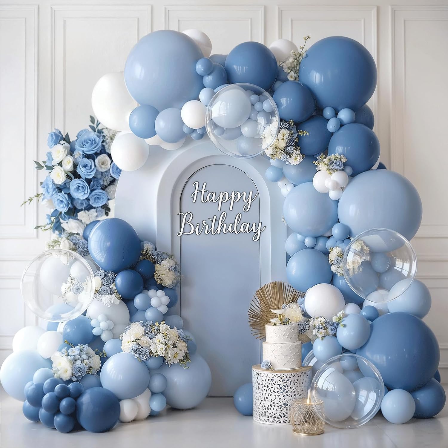 Dusty Blue White Clear Balloons Arch Kit, Latex, 128pc, Party Decor.