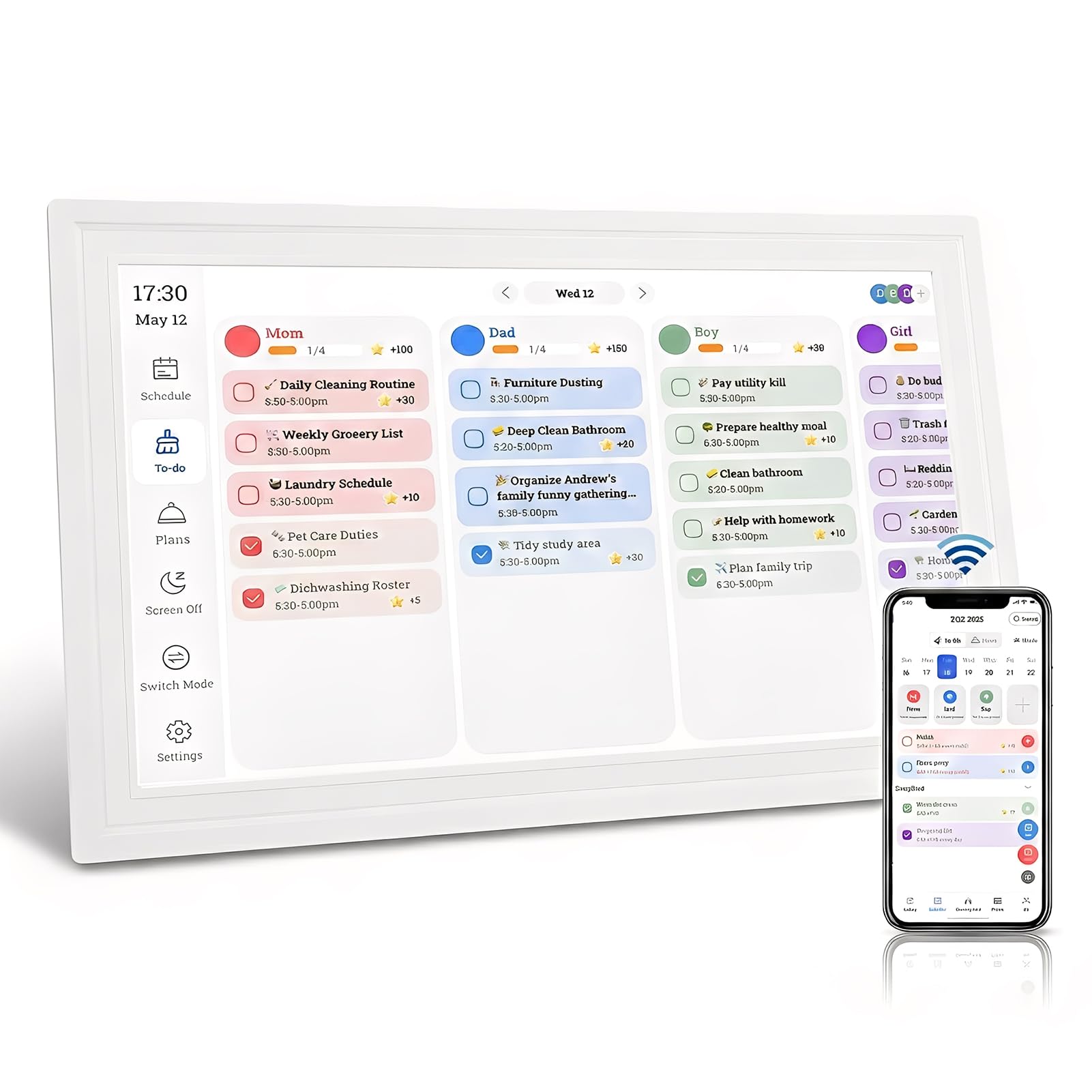 Elprico 15,6 Zoll Digitaler Kalender, Elektronischer Wandkalender mit Touchscreen, Digitaler Fotorahmen für Familienpläne und Fotos (reines Weiß)