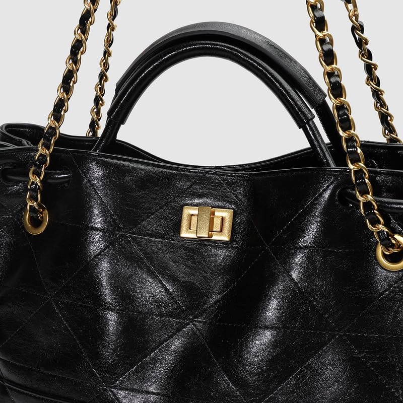 URBAN REVIVO Women Quilted Shoulder Bag Chain Strap Black PU Leather Lady Style for Work and Evening