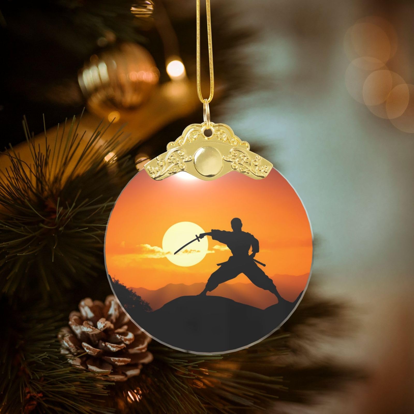 Crystal Christmas Ornaments for Christmas Tree Decoration Hanging Sun Karate Silhouette Ornament with Gold Ribbon Crafts Round Pendant for Keepsake Gifts Glass Xmas Decor Party Supplies