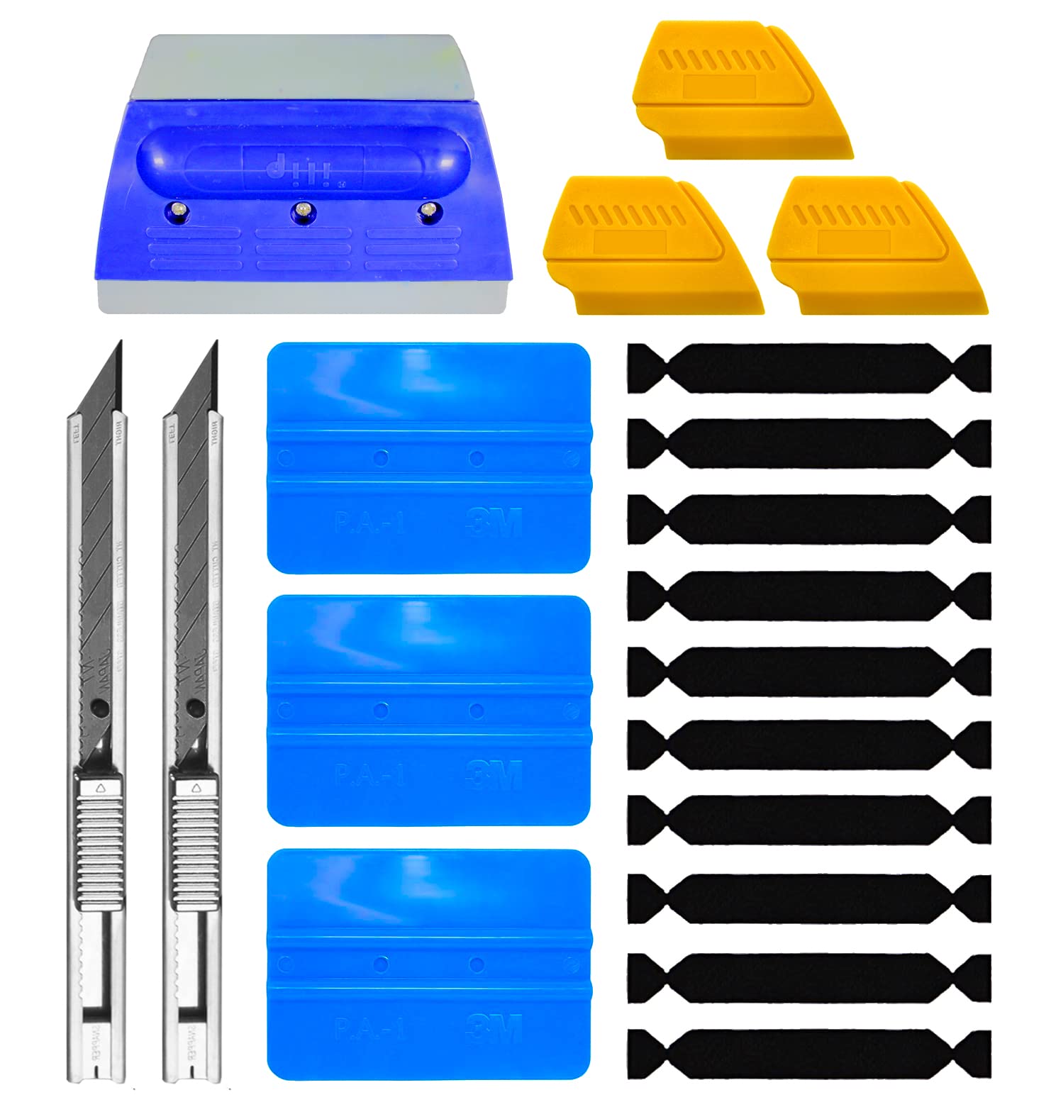 3M Blue Squeegee Flexible Plastic Applicator Plus Hard Rubber Contouring Block Including Black Felt Scratch-Proof Adhesive Decal Vinyl Wrap Tool Kit (3Squeegee, 1rubber, 3felts, 3detailers, 2knife)