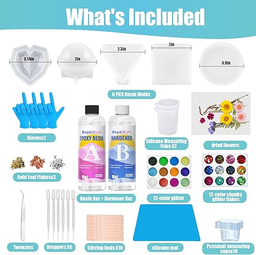 Miniatura 2 de ProKKUV Kit de resina epoxi para principiantes, juego de manualidades epoxi transparente de 16 onzas con moldes y brillantina, suministros completos