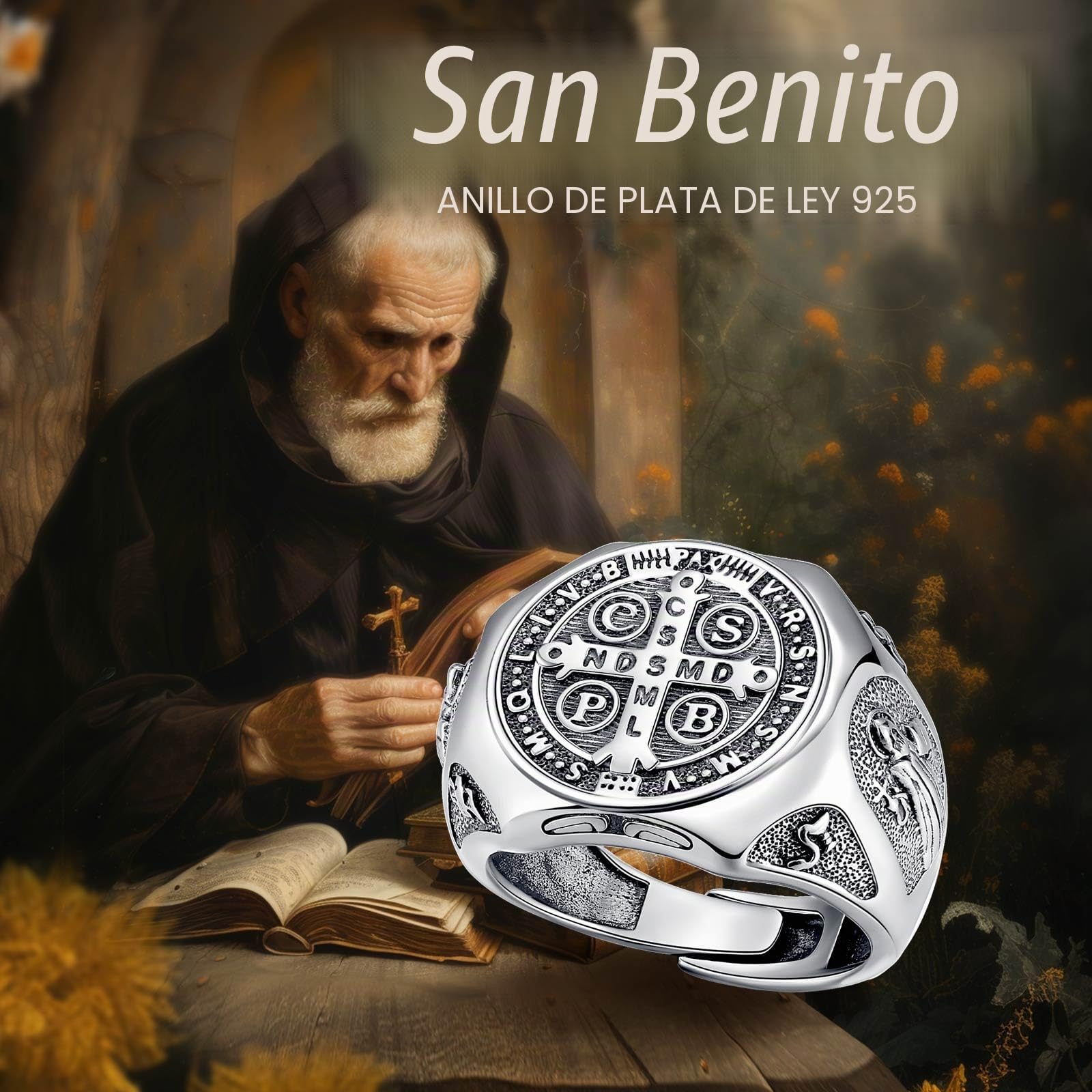 Anillo de Cruz/San Benito/Sello de los 7 Arcángeles/Cruz Ankh Plata de Ley S925 para Mujer Hombre, Ajustable Anillos Corazón de Jesús Abiertos Religión Regalo para Hombre Mujer