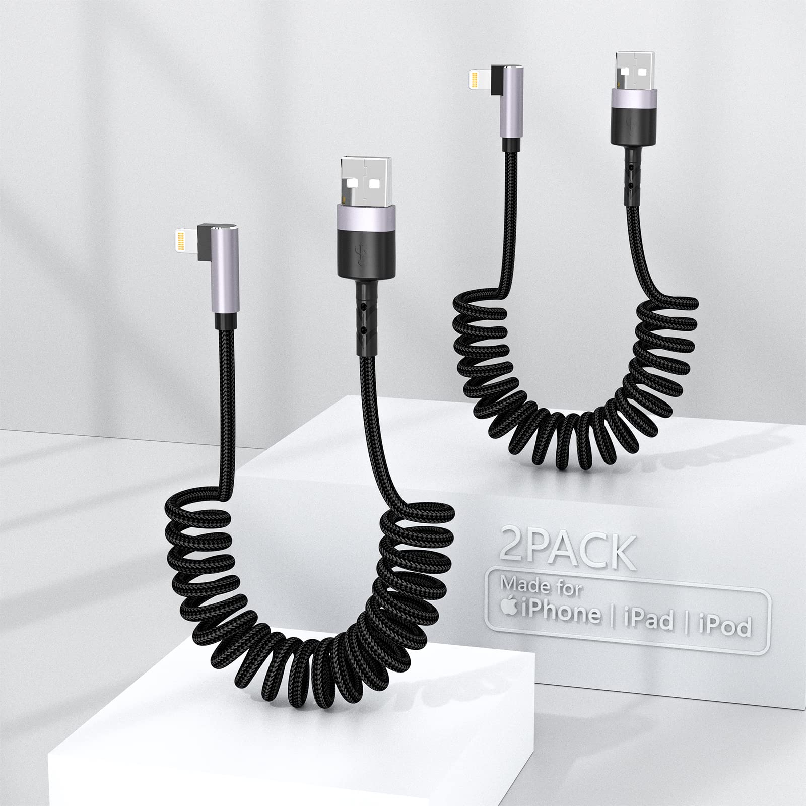 2 Pack 4FT Coiled Lightning Cable, 90 Degree Fast Charging iPhone Cable (MFi Certified) Lightning Cord for iPhone 14/13/12/11/Pro Max/X/Xs Max/Xr /8 Plus/7 Plus/ 6S Plus/ 6 Plus/iPad Mini/iPods