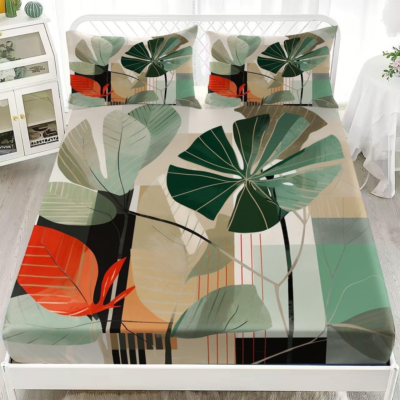 Modern Double Fitted Sheet Plants Bed Sheets Deep Pocket 12 inch (30 cm) Soft Cozy 3 Piece Microfibre Bed Sheet 135x190 cm with 2 Pillowcases 50x75 cm
