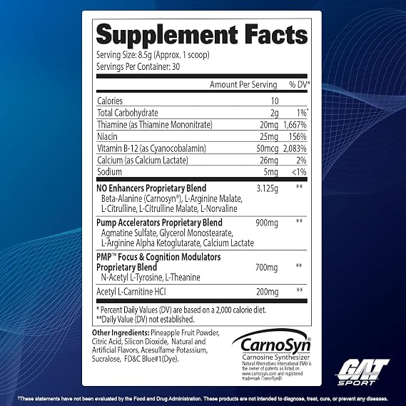 GAT SPORT PMP (Peak Muscle Performance), Pre-Workout, 30 Servings (Blue Raspberry (Stim-Free))