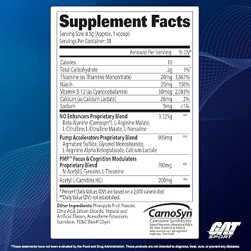 GAT SPORT PMP (Peak Muscle Performance), Pre-Workout, 30 Servings (Blue Raspberry (Stim-Free))