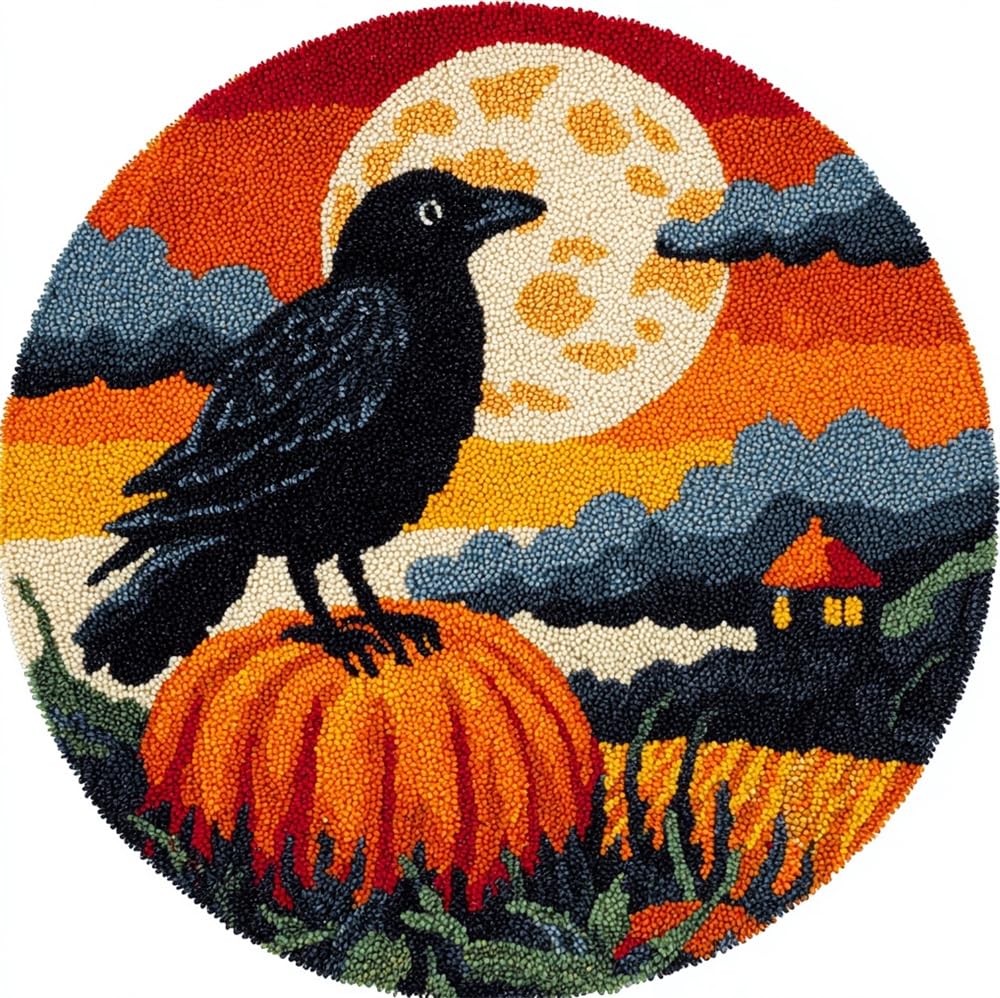 kitphoenix DIY Latch Hook Rug Kit with Printed Canvas Crow and Pumpkin Halloween 20X20Inch (50X50Cm) Floor Mat Crochet Yarn Embroidery Hook and Latch Carpet Tapestry for Home Decoration - Adults