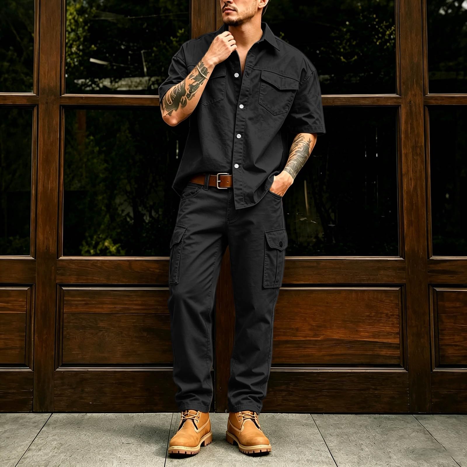 Set da 2 pezzi da uomo in tinta unita composto da camicia da uomo con tasca sul petto e pantaloni da lavoro, abbigliamento estivo, casual, pantaloni da jogging e camicia a maniche corte per casa