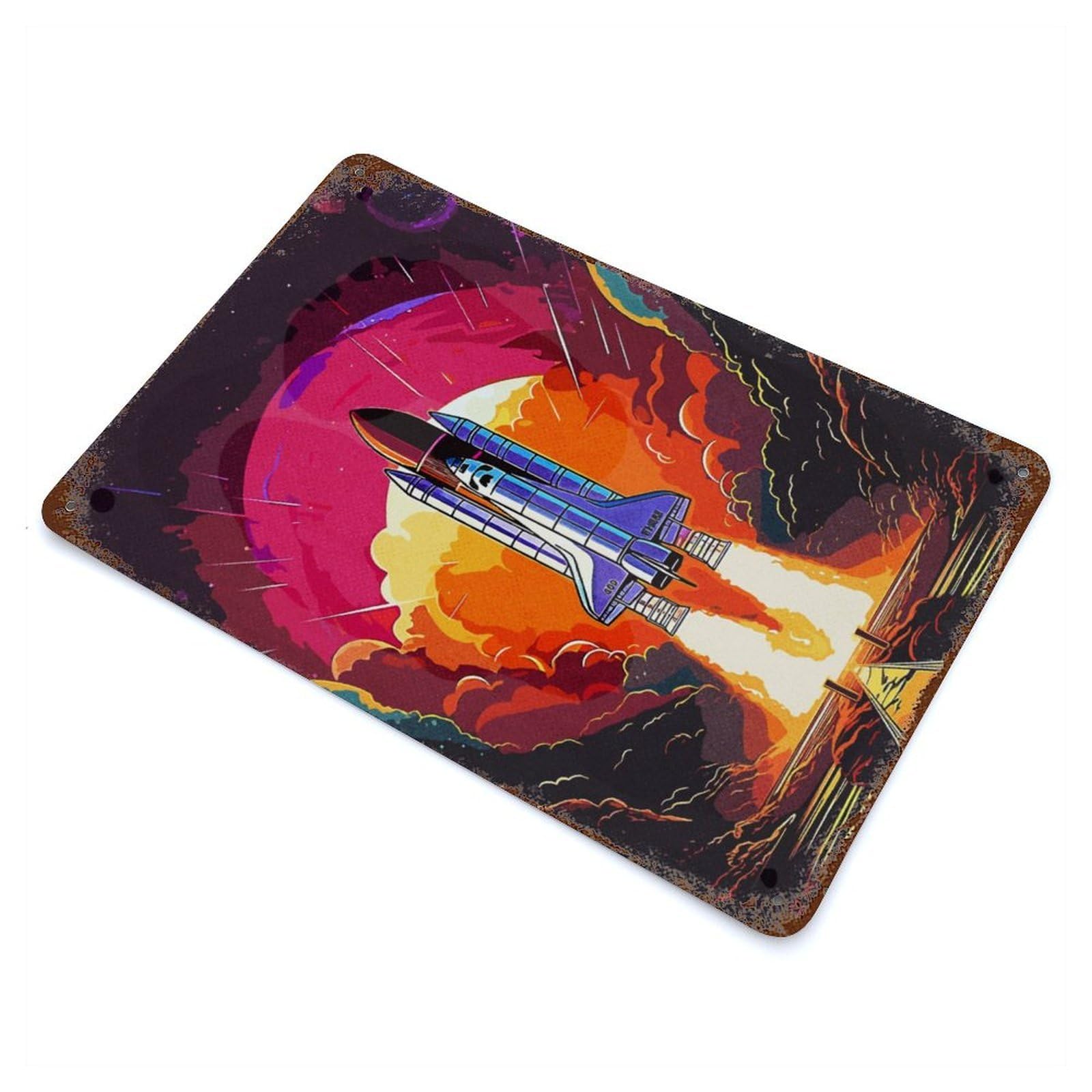 Rust Effect Rocket Space Vintage Rust Metal Sign 11.8"x7.9", Classic Wall Plaque for Shed, Workshop And Garage Wall Decor