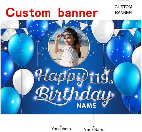 Miniatura 2 de Cartel decorativo personalizado de feliz cumpleaños número 119, pancarta personalizada para fiesta de cumpleaños azul marino en tamaños grandes,