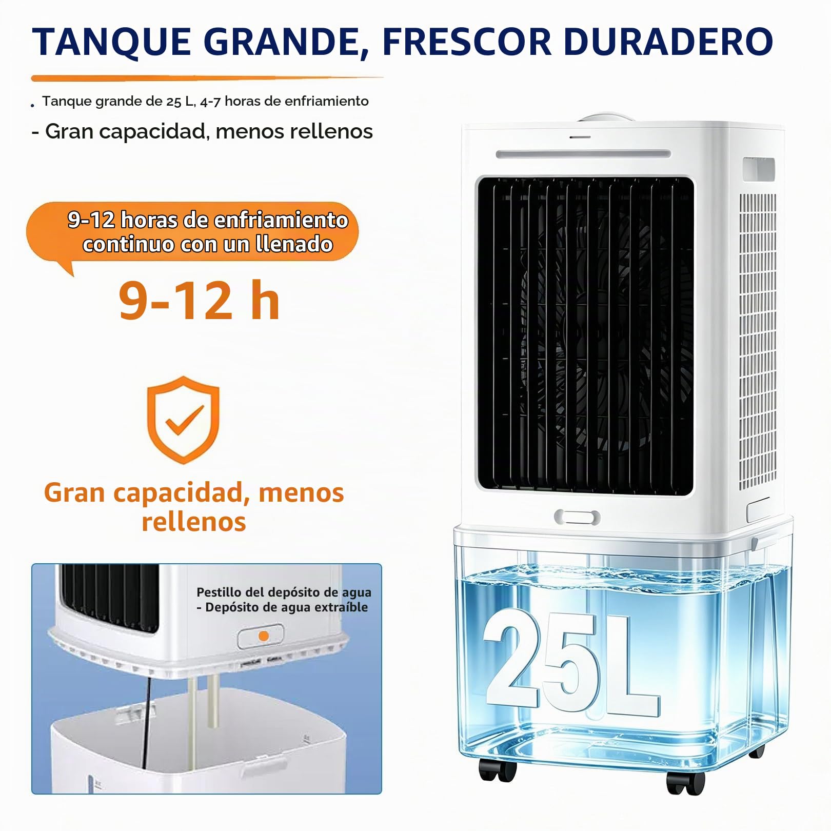 Enfriador de aire evaporativo 3 en 1 con control remoto, tanque de agua de 25 L, ventilador de enfriamiento evaporativo con 3 velocidades, 3 modos de viento, oscilación de 120°