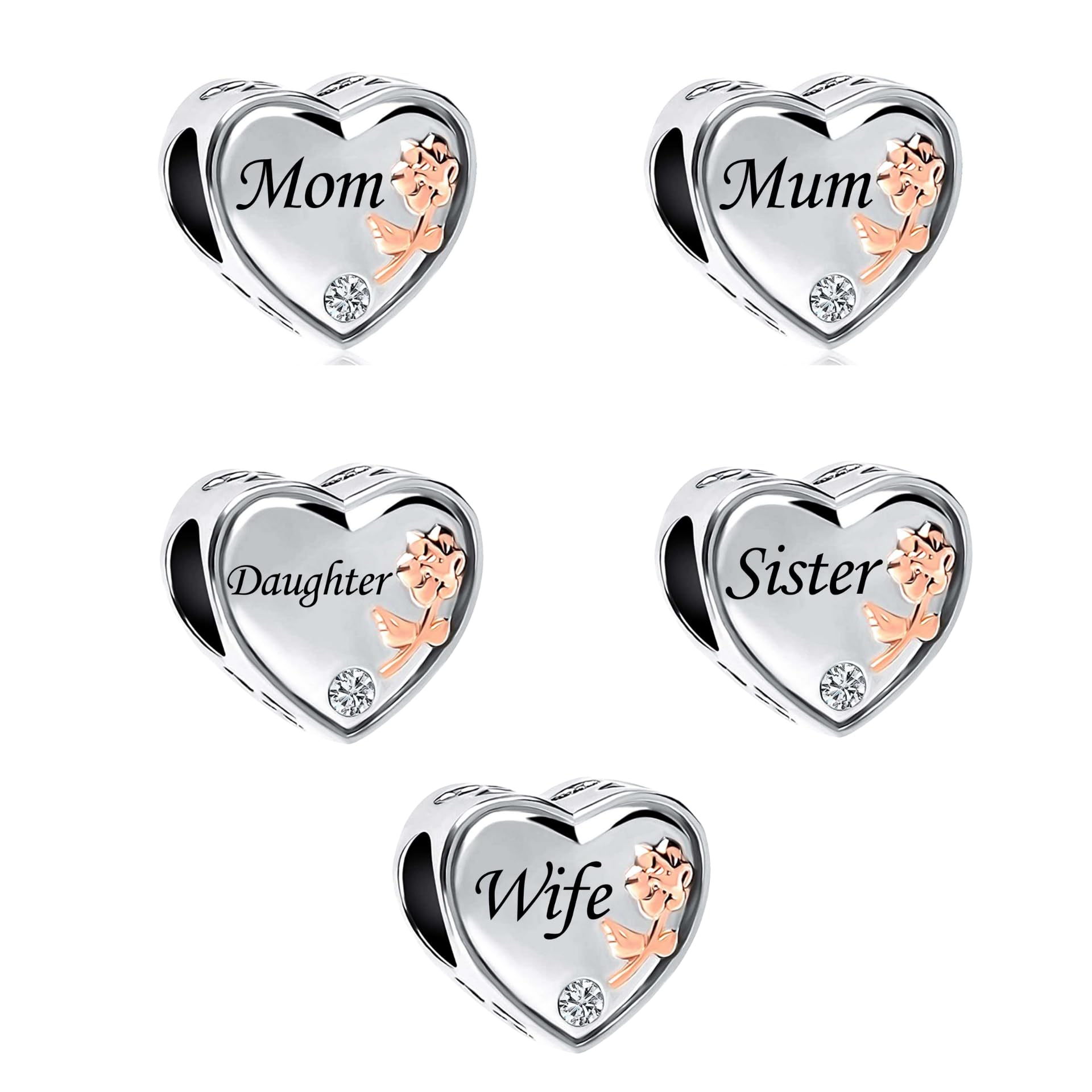 FGT Charm per ragazze e donne, per bracciali, collane, ciondoli, compatibile con braccialetti Pandora, in oro rosa, cuore, argento, regalo per papà, figlio, famiglia, nonno, mamma, sorella, anniversario, compleanno