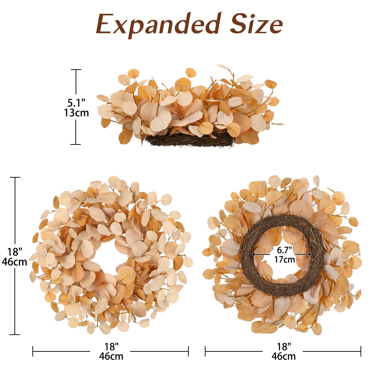 Couronne d'eucalyptus artificielle Ø 46 cm – Couronne de porte avec base de pamplevine, couronne décorative jaune doré – Couronne artificielle pour porte d'entrée, décoration murale, fenêtre et