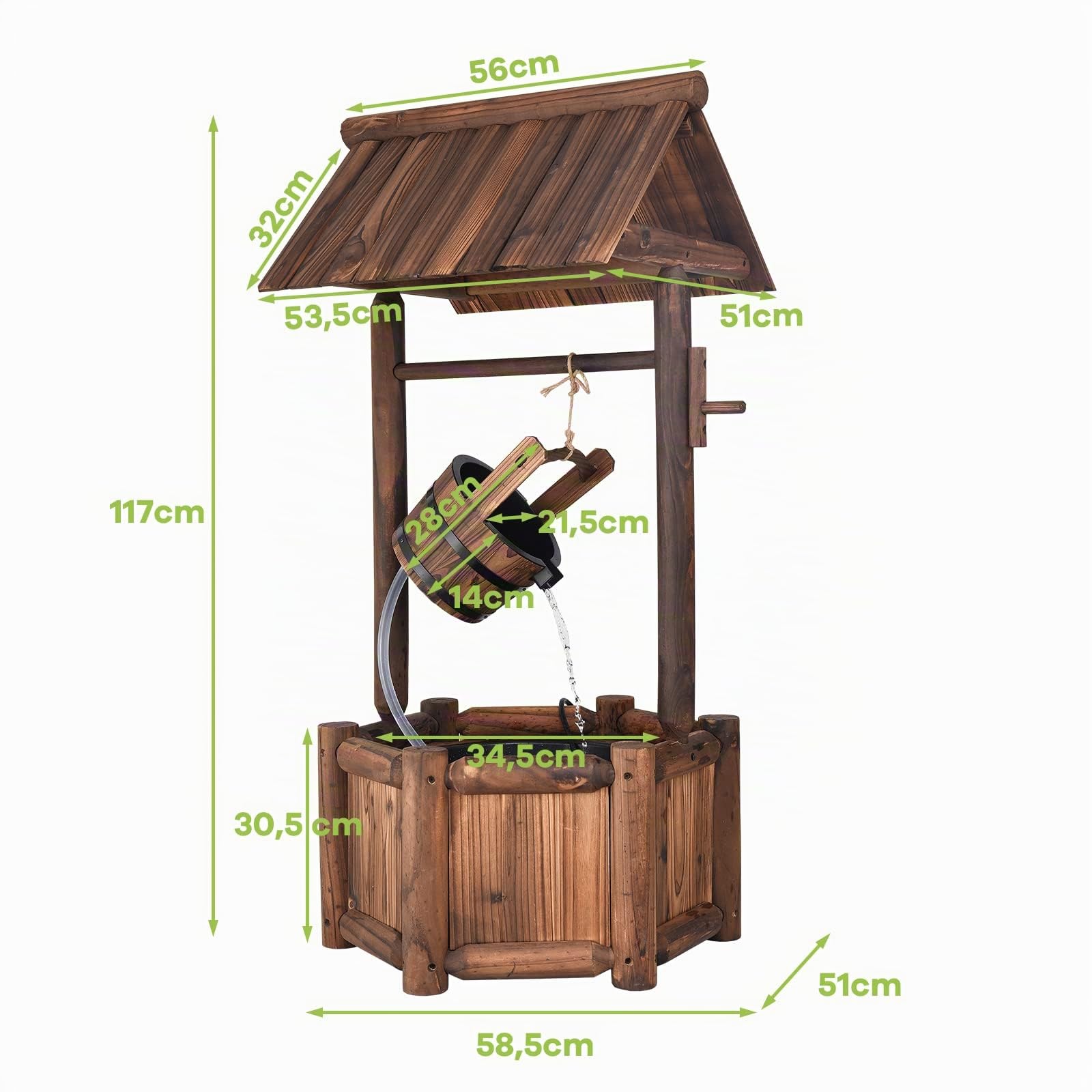 COSTWAY Gartenbrunnen Holz, Wasserbrunnen mit elektrischer Pumpe, rustikaler Wunschbrunnen, Tannenholz, Dekobrunnen Springbrunnen, Holzbrunnen für Terrasse Garten, 58,5 x 51 x 117 cm, Braun