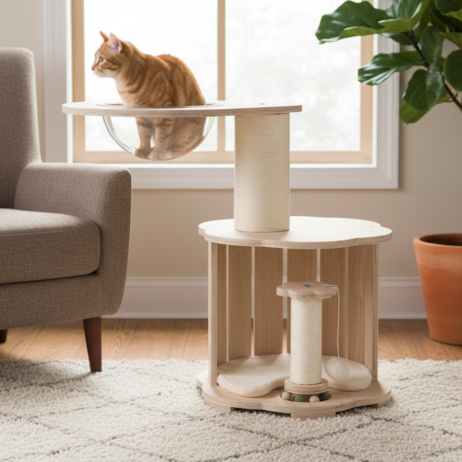 COSTWAY Albero per Gatti Alto 74 cm, Tiragraffi per Gatti in Legno con Condo, Capsula Spaziale, Tiragraffi, Gioco Interattivo con Pista per Palline in Legno, Pallina Appesa e Tappetino Lavabile