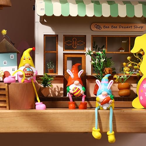 Miniatura 3 de Anglechic 3 figuras de duende de Pascua, decoraciones de mesa, gnomos de Pascua con patas colgantes, figuras de gnomos de resina de primavera para