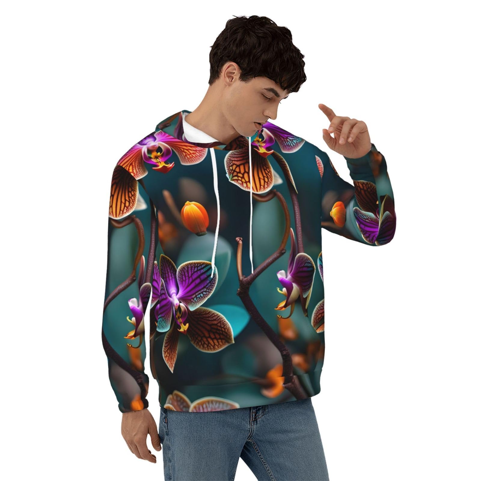 Męska bluza z kapturem z nadrukiem morskiej i pomarańczowej orchidei, casualowa grafika z nadrukiem bluzy z kapturem z kieszenią
