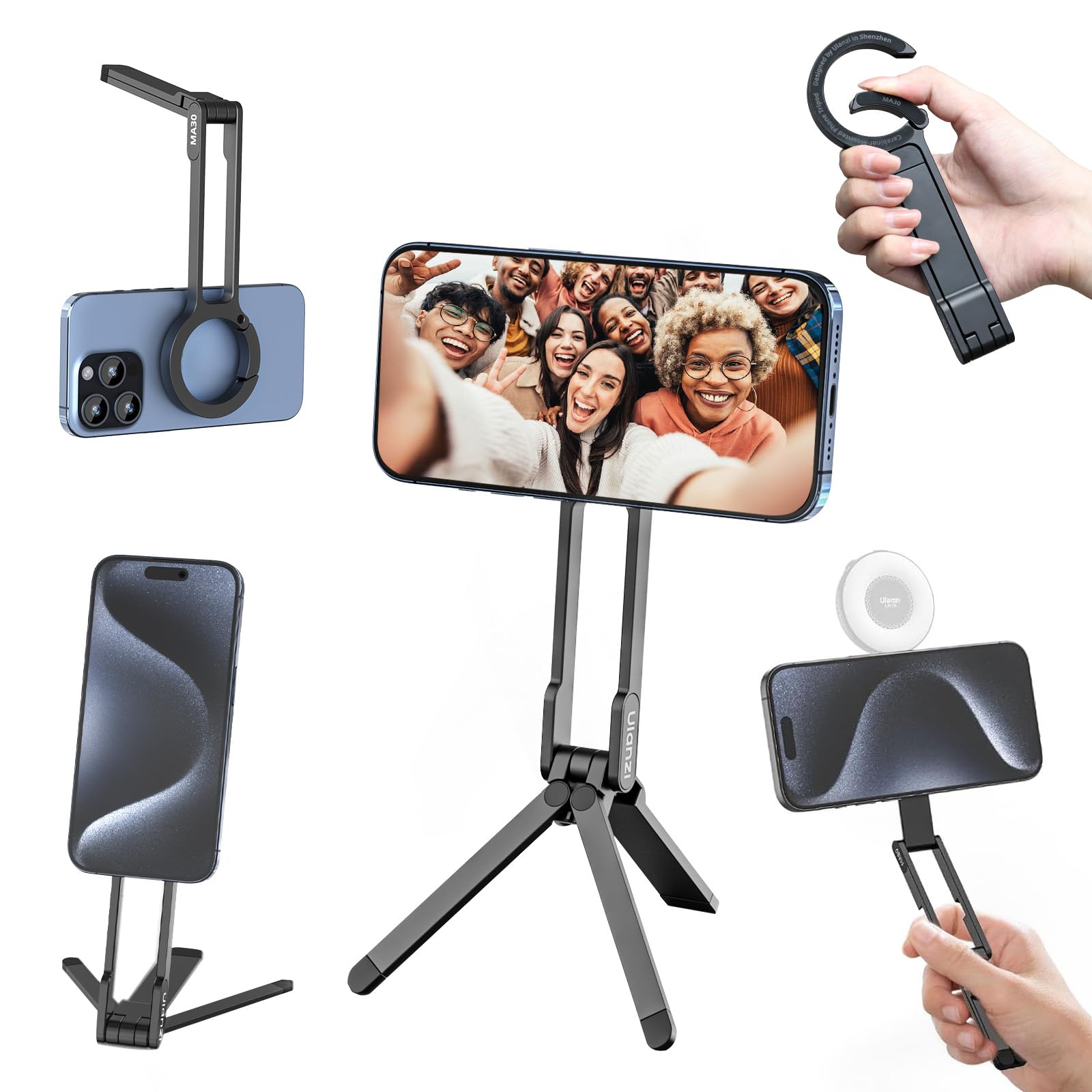 ULANZI MA30 Supporto magnetico cellulare, Treppiede smartphone in alluminio, Mini treppiede pieghevole,Treppiede da tavolo tascabile e portabile, Compatibile con iPhone 17 16 15 14 13 12 Magsafe,Nero