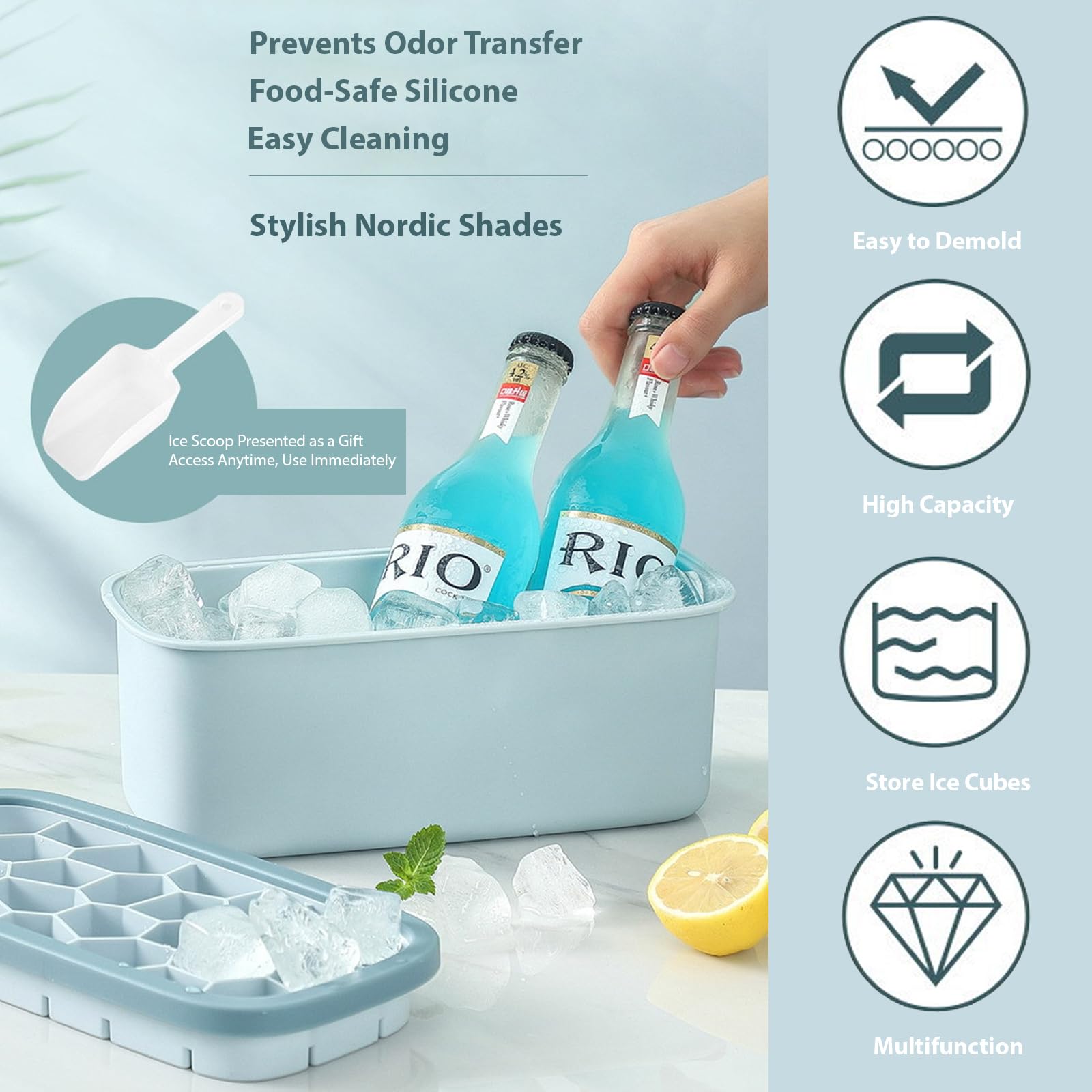 Bandejas grandes para cubitos de hielo con tapa y recipiente, 26 moldes de silicona, apilables, polipropileno y silicona de grado alimenticio, cuchara de hielo gratis para cócteles, café, té