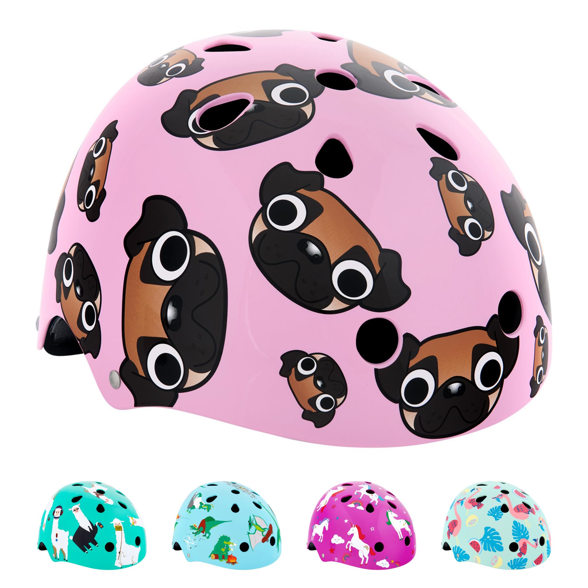 Hornit Mini Lids Kids bike Multi-Sport Helmet with rear LED light | CPSC Certified for Bike, Skateboard, and Skating | Fully adjustable for comfort and safety (Small, Pug Puppies) — image 1
