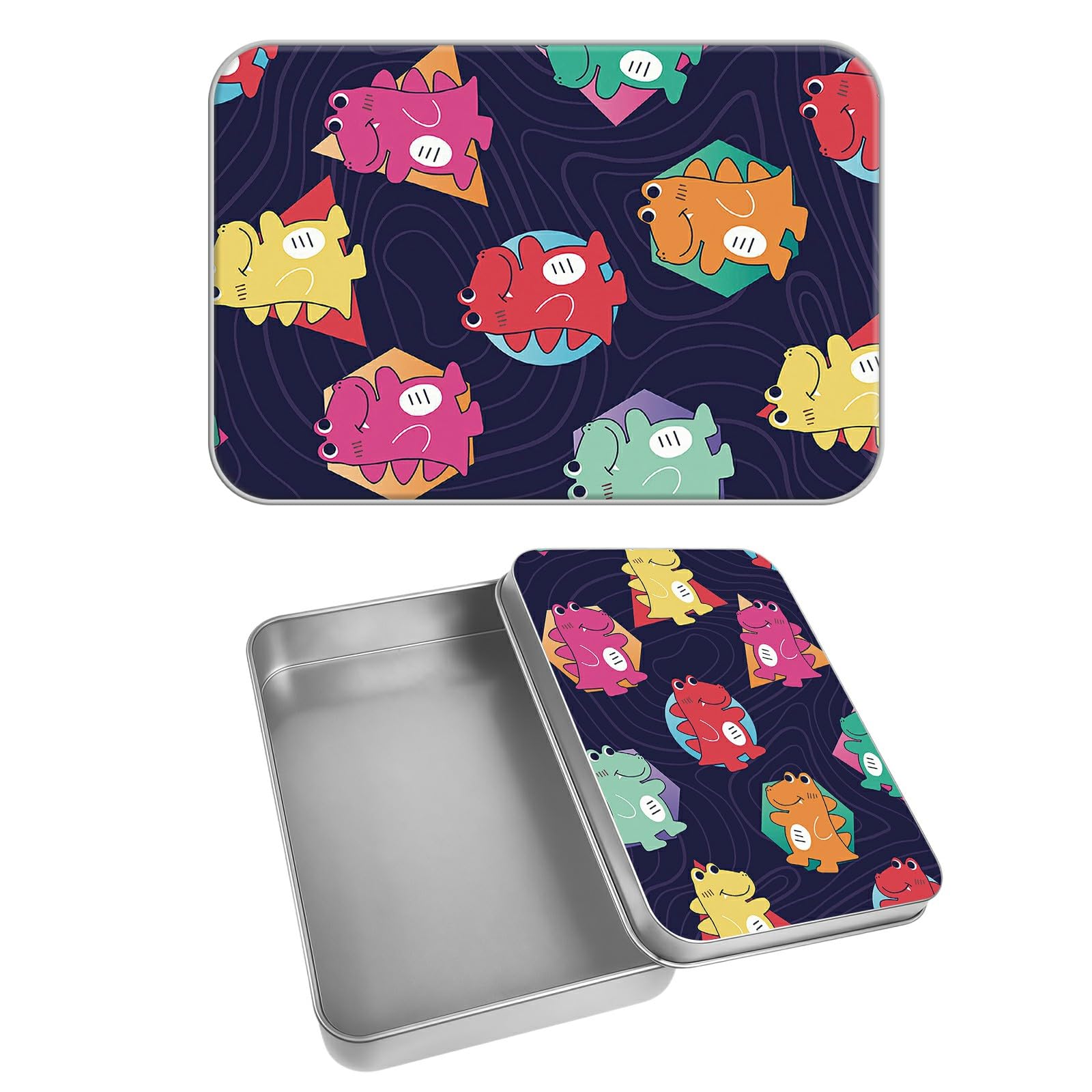 Rectangular Metal Tin Box with Removable Lid, Color Dinosaurs Decorative Printed Metal Storage Container for Cards, Diaries, Home Organization 4.53 x 3.35 x 0.86 inch– Single Pack